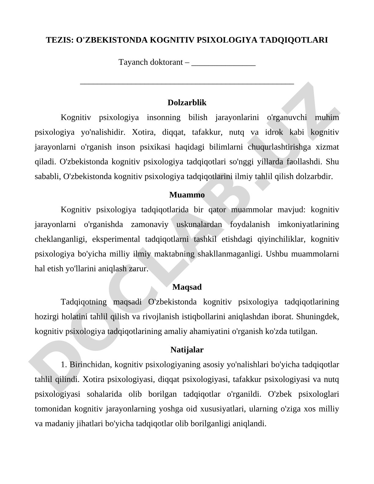 O'zbekistonda kognitiv psixologiya tadqiqotlari