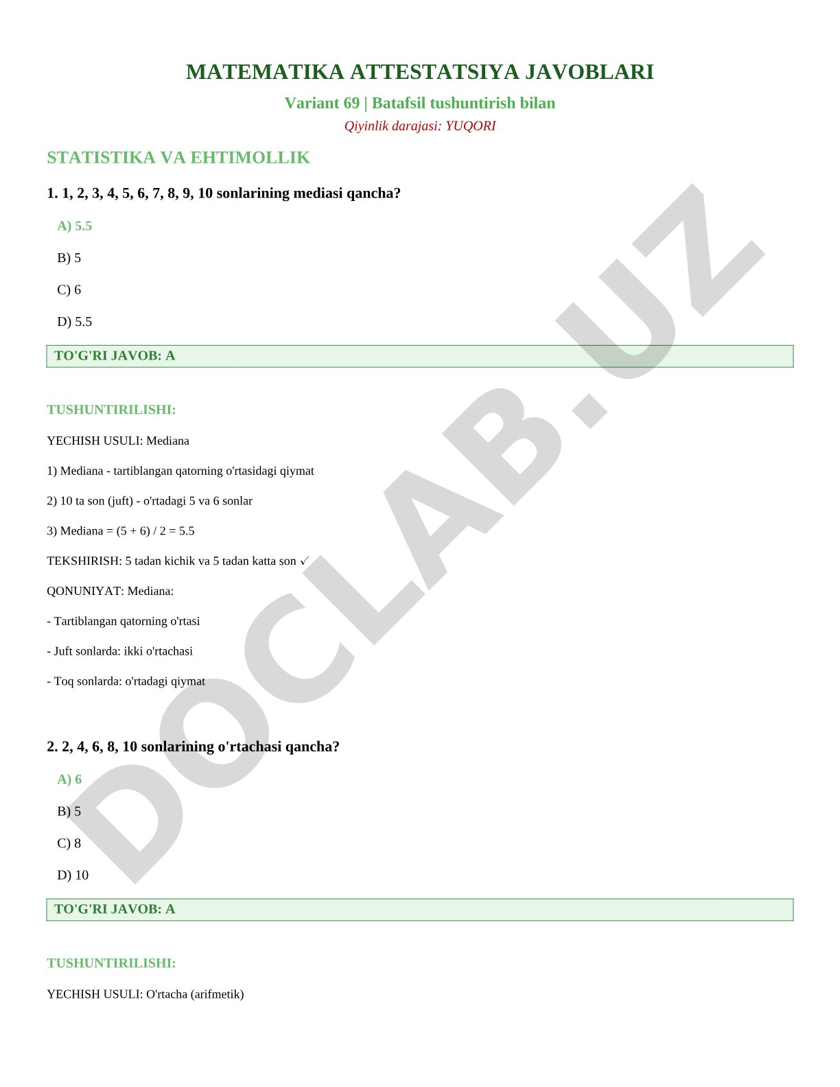 Matematika attestatsiya variant 69 statistik va ehtimollik