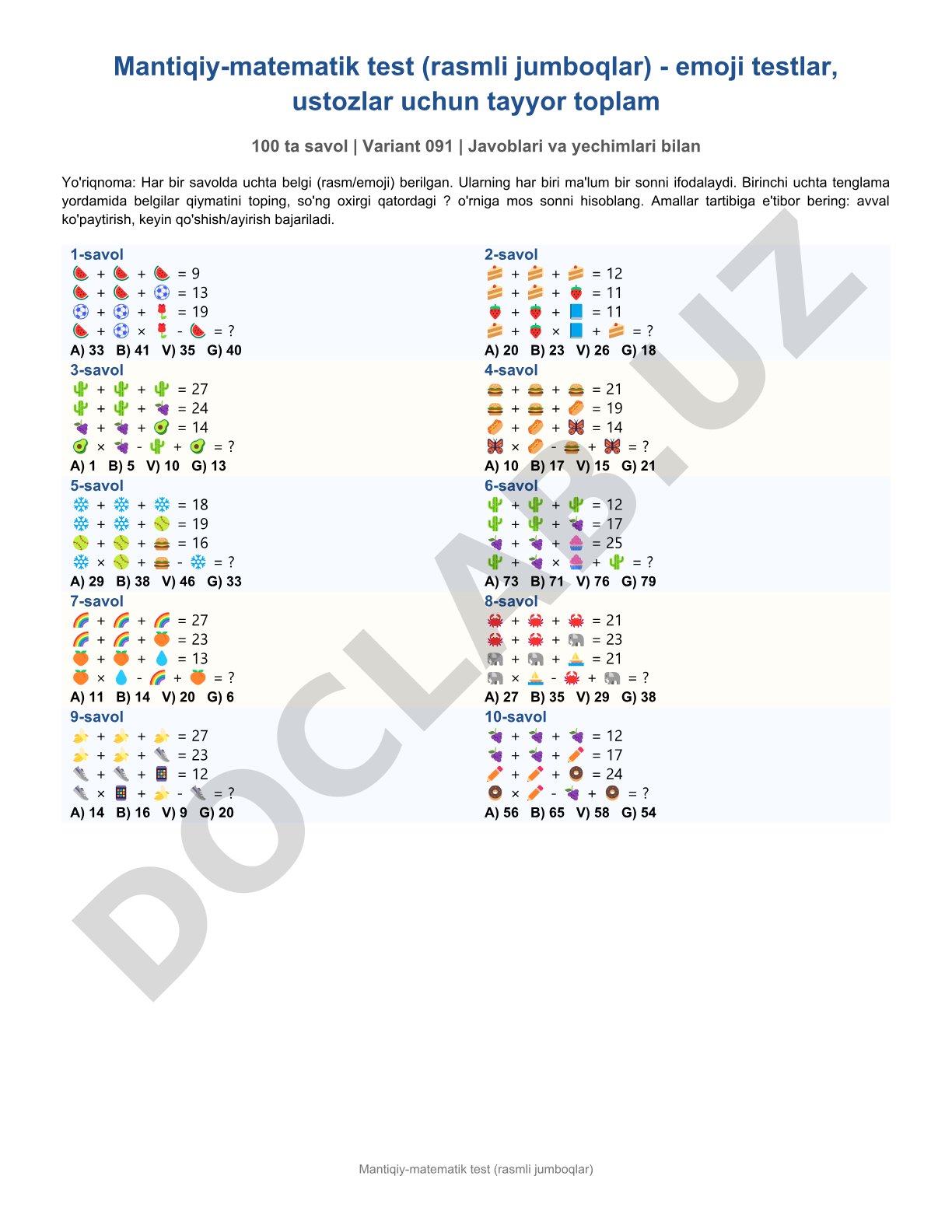 Mantiqiy-matematik test (rasmli jumboqlar)