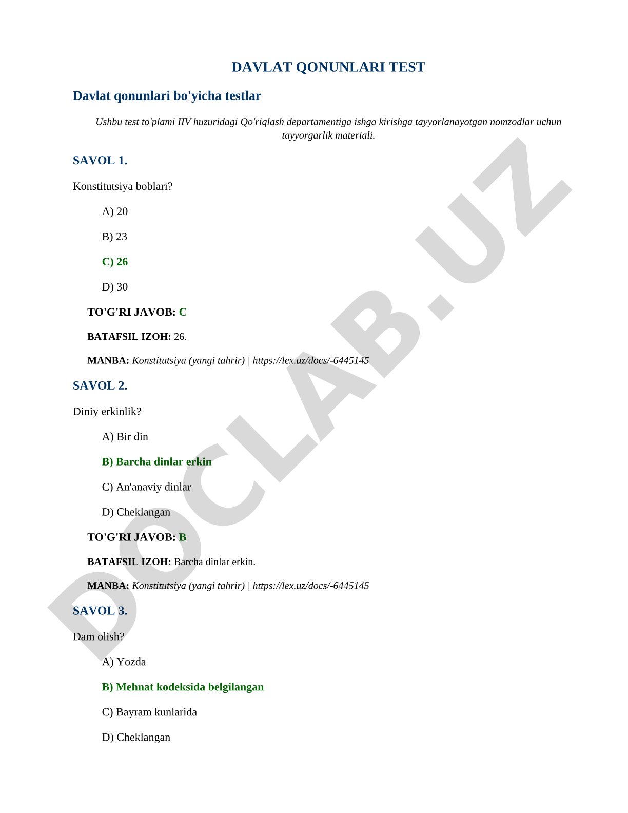 Qo'riqlash departamentiga nomzodlar uchun davlat qonunlari testlari