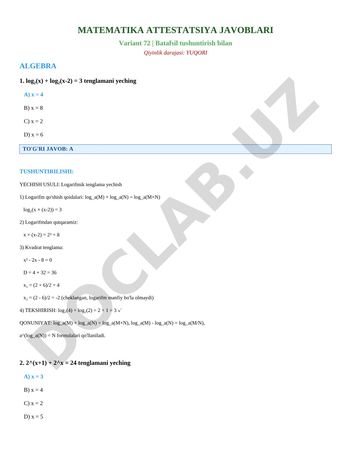 Matematika attestatsiya javoblari Variant 72