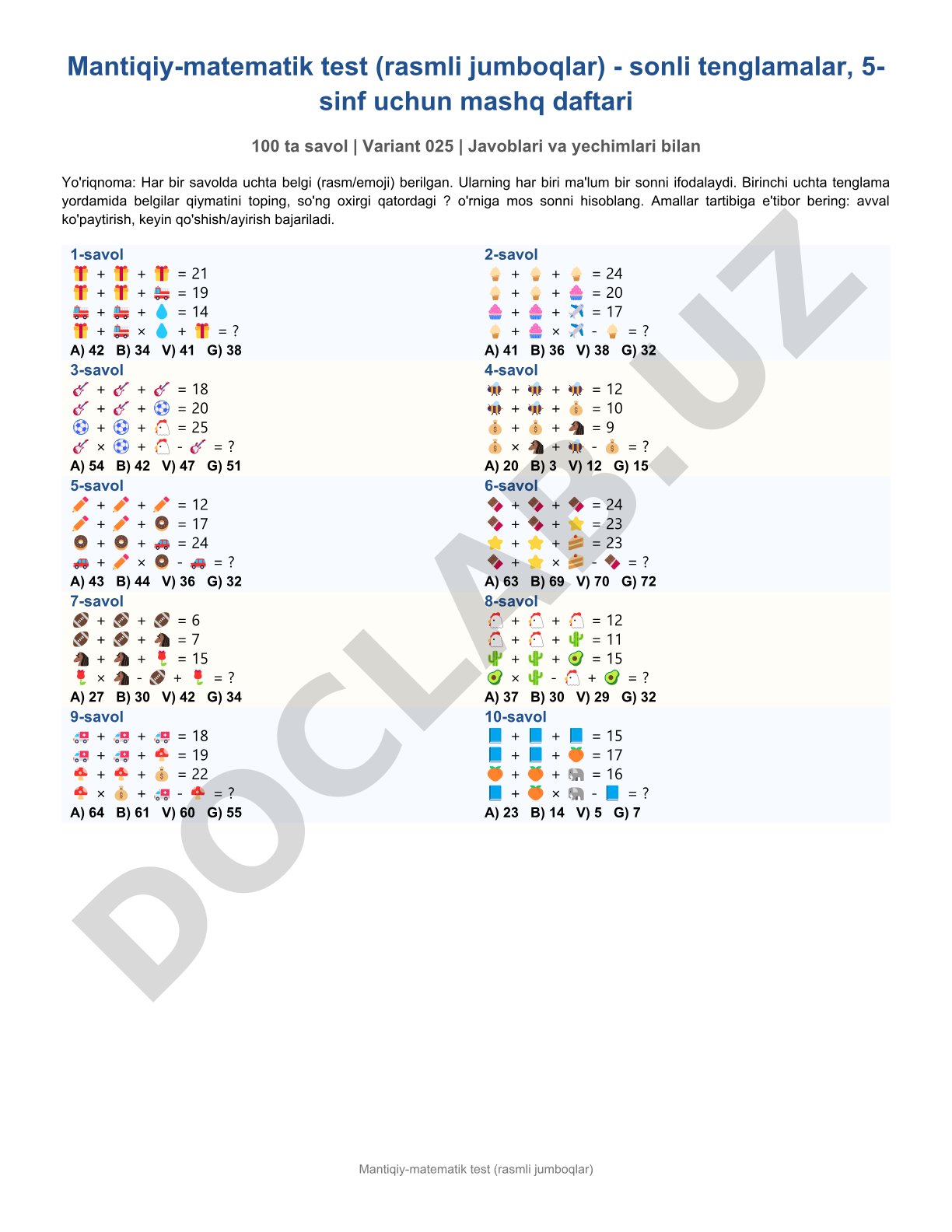 Mantiqiy-matematik test (rasmli jumboqlar) 5-sinf uchun mashq daftari