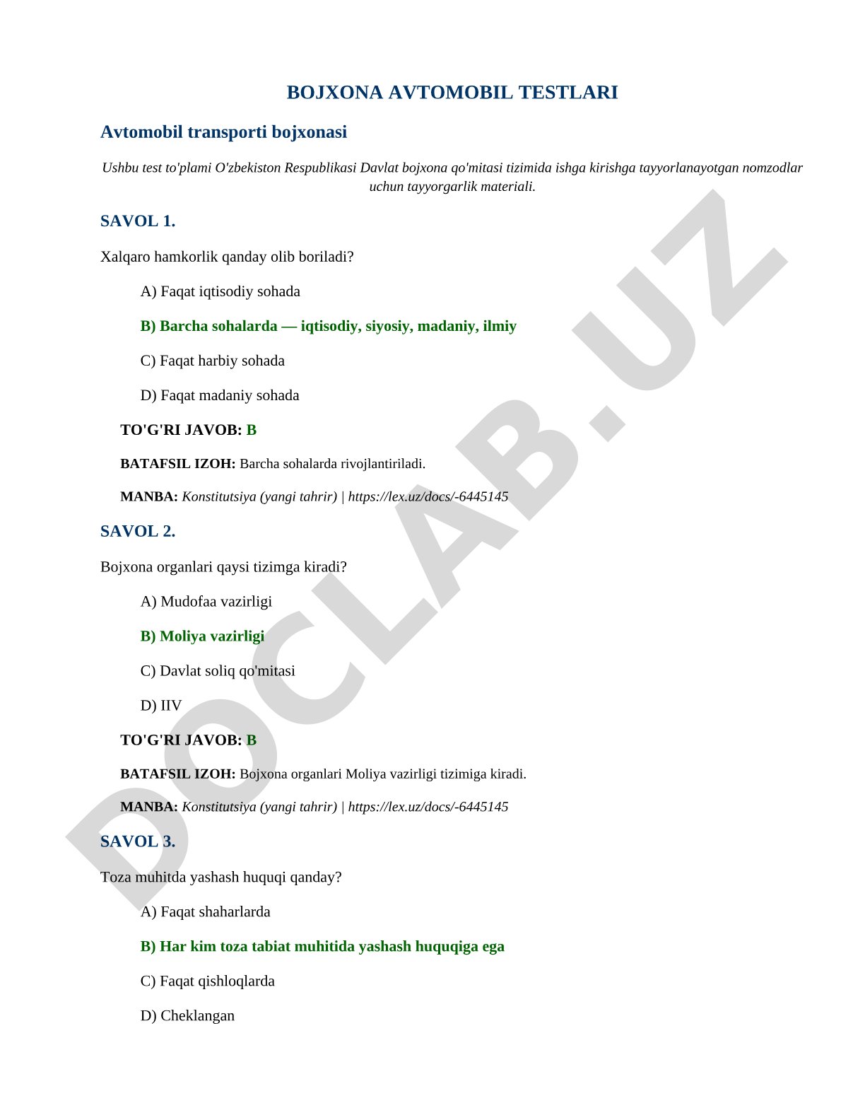 Bojxona avtomobil testlari