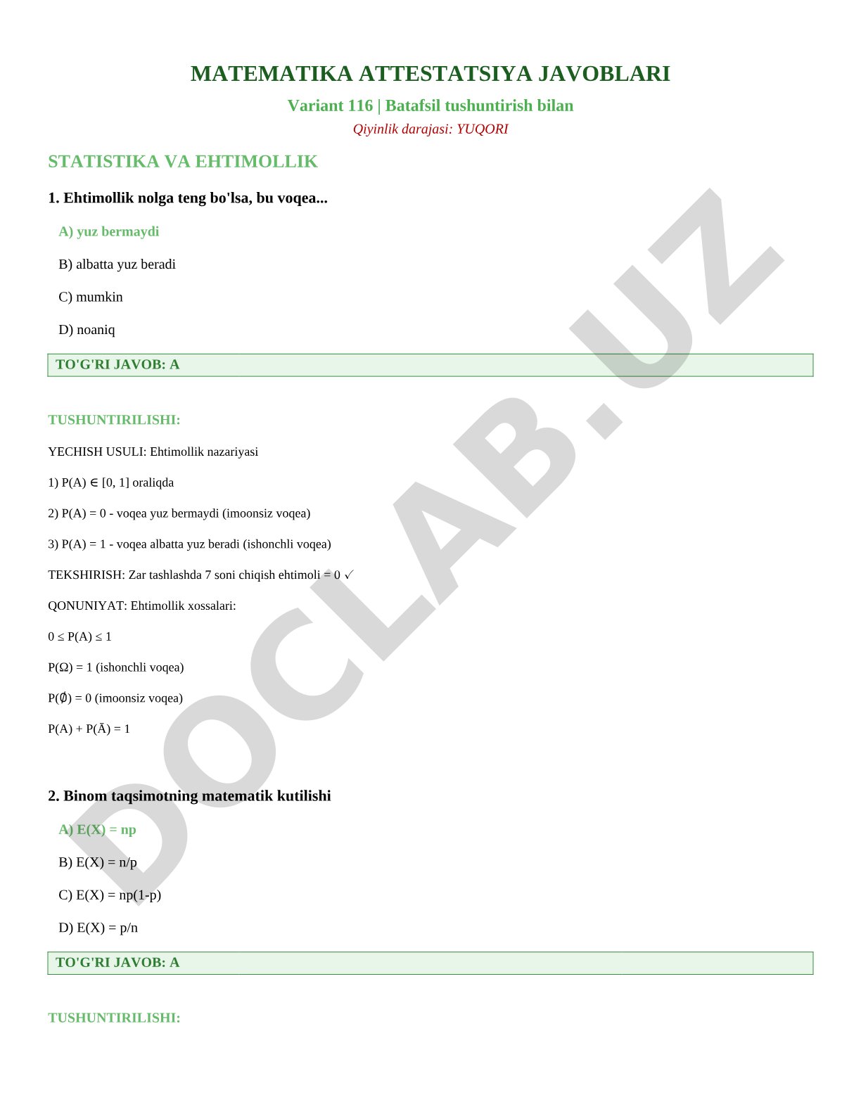 Matematika attestatsiya javoblari variant 116