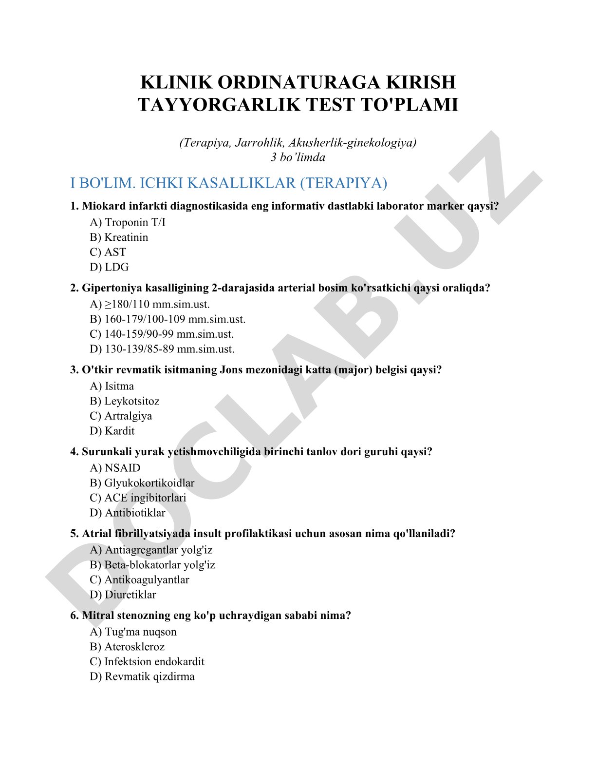 Klinik ordinaturaga kirish tayyorgarlik test to'plami