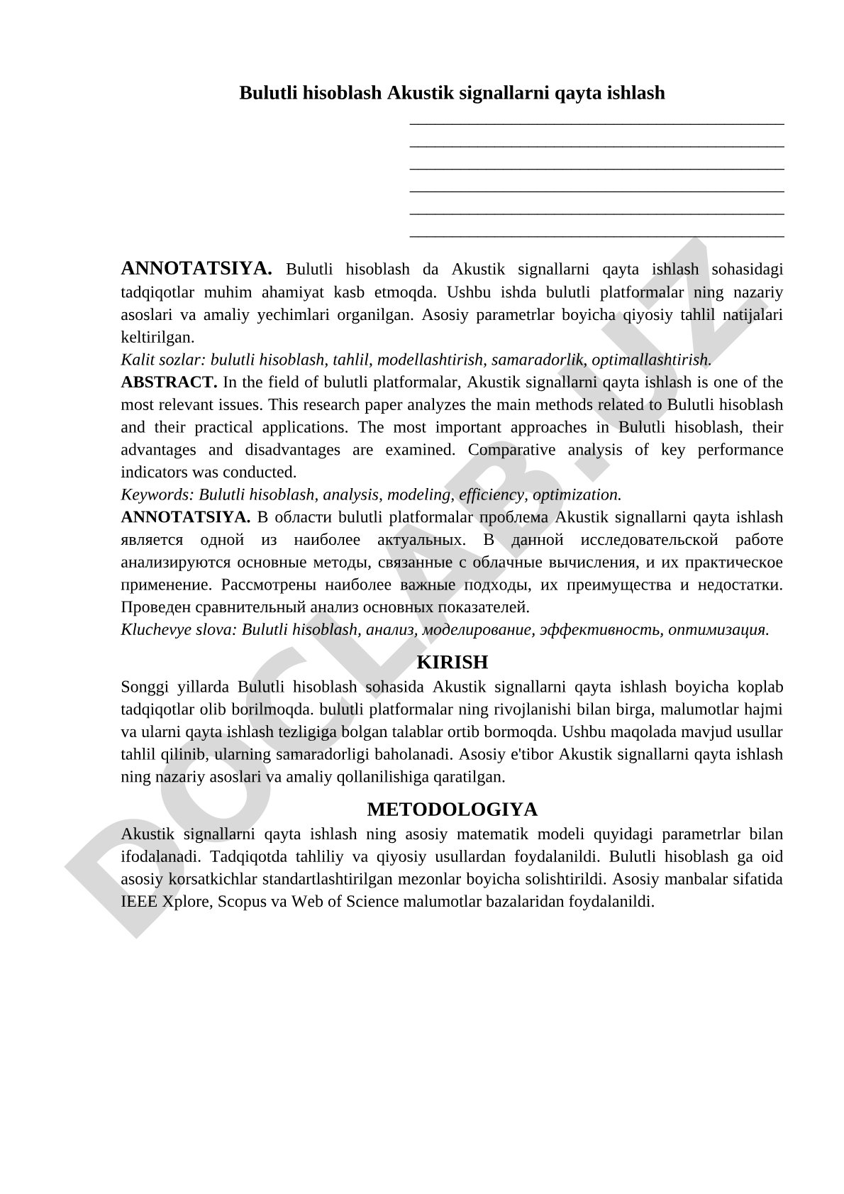 Bulutli hisoblash Akustik signallarni qayta ishlash