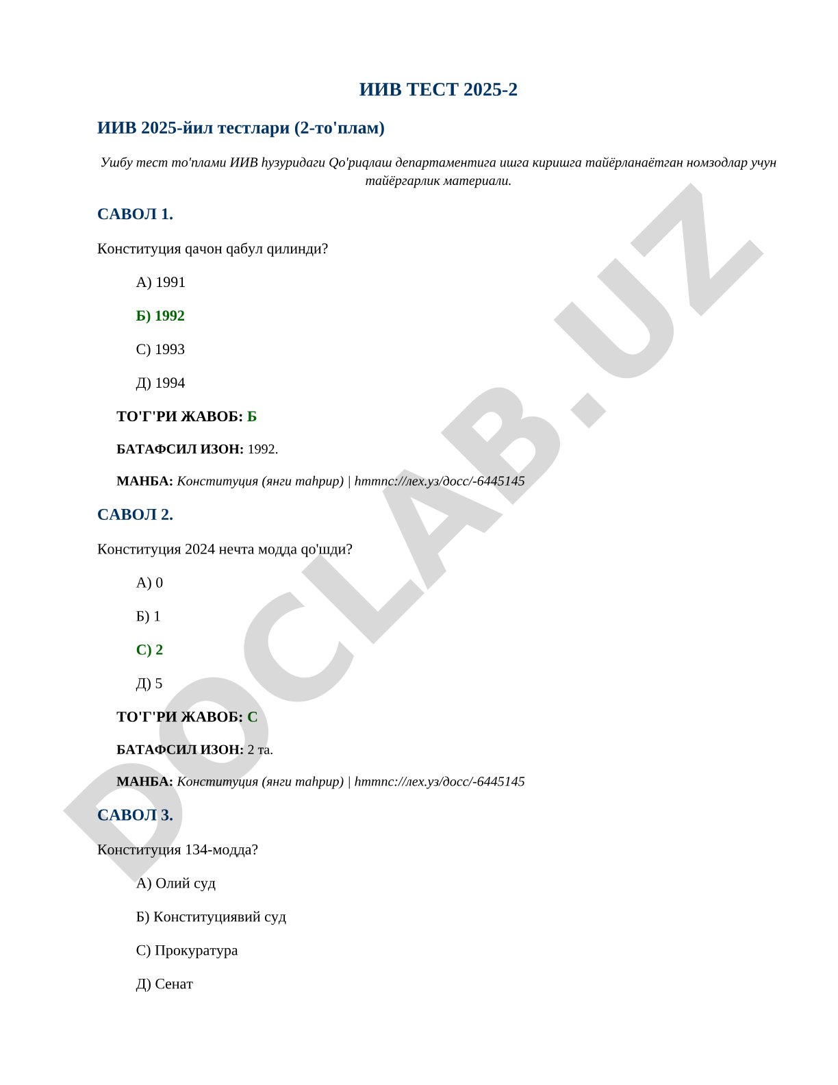 IIV 2025-yil testlari (2-to'plam)