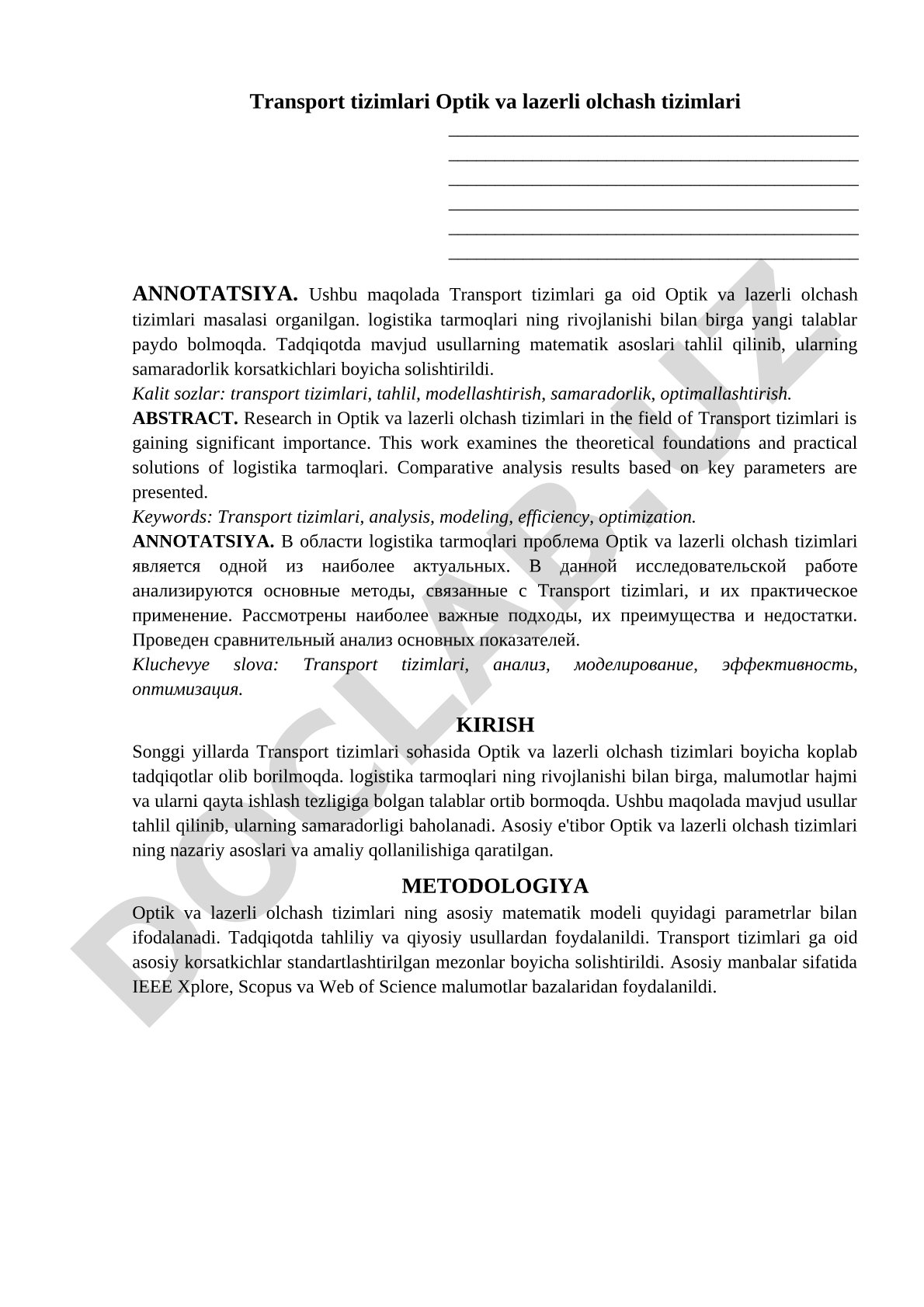 Transport tizimlari Optik va lazerli olchash tizimlari