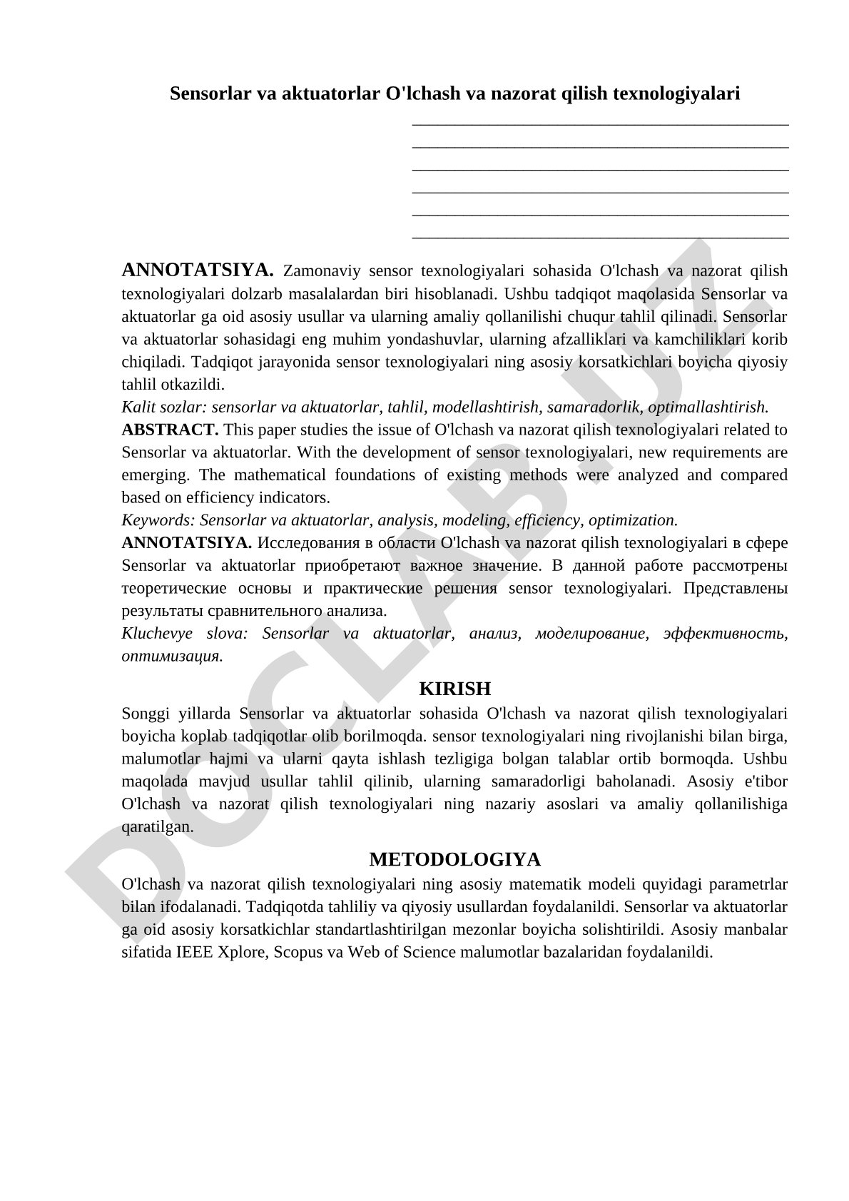Sensorlar va aktuatorlar O'lchash va nazorat qilish texnologiyalari
