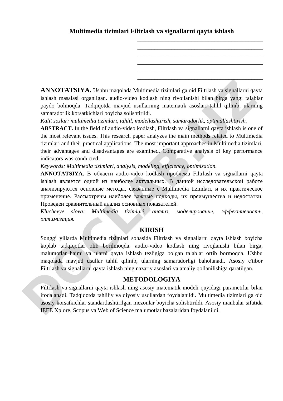 Multimedia tizimlari Filtrlash va signallarni qayta ishlash