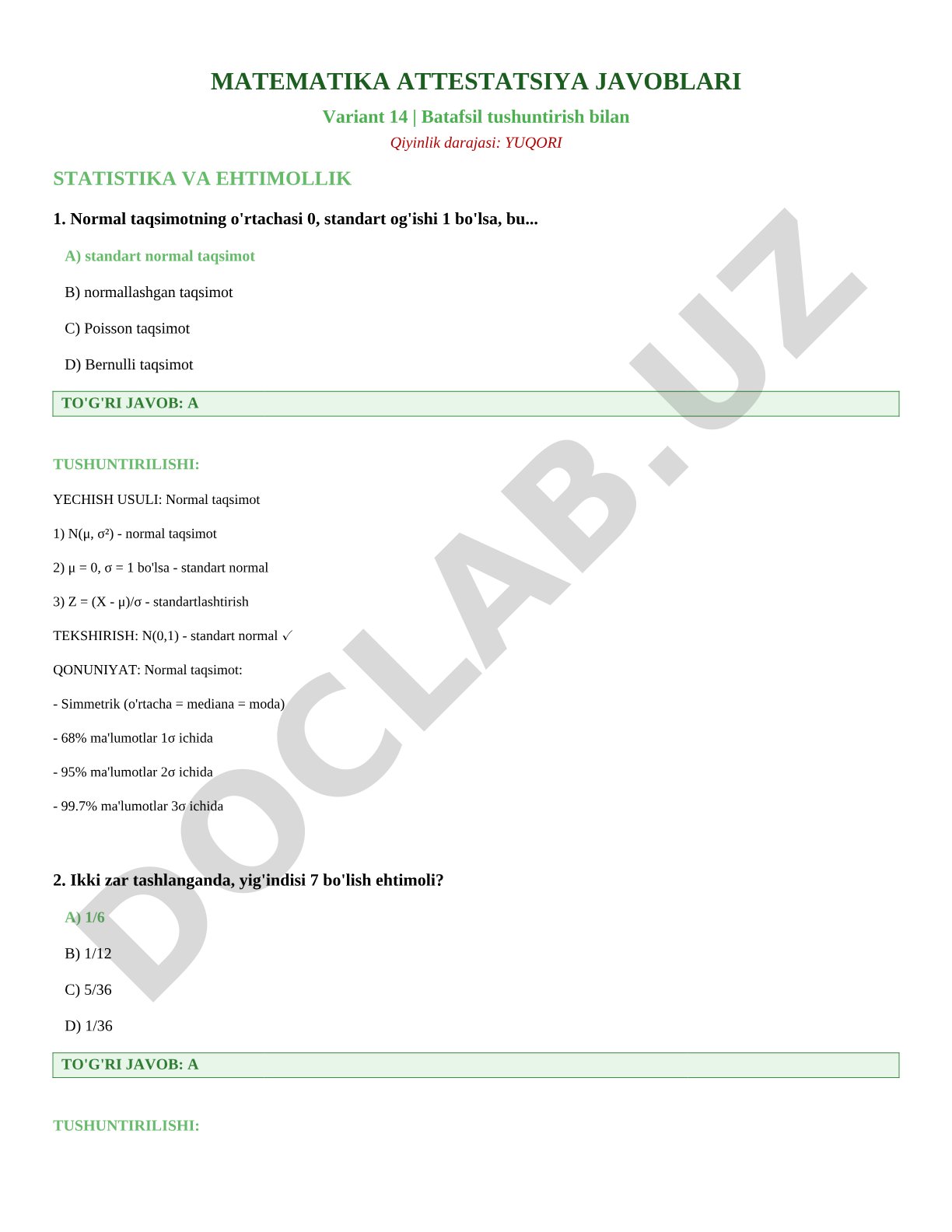 Matematika attestatsiya javoblari Variant 14