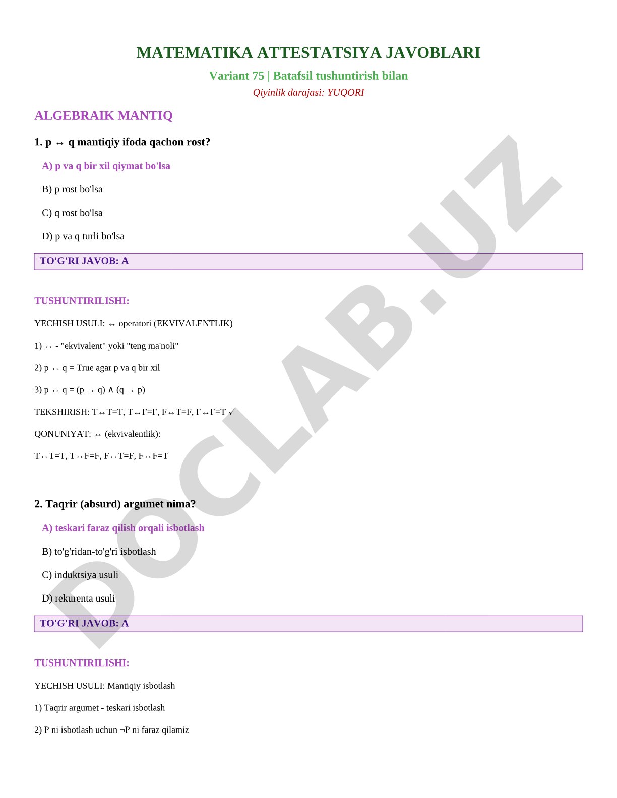 Matematika attestatsiya variant 75 mantiqiy ifodalar