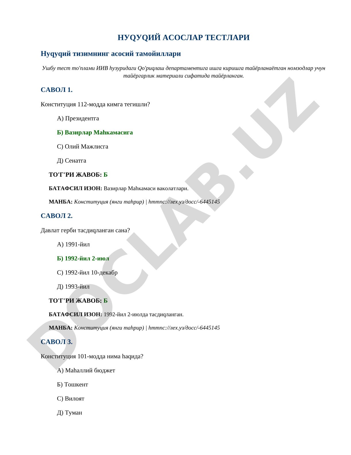 Huquqiy asoslar testlari