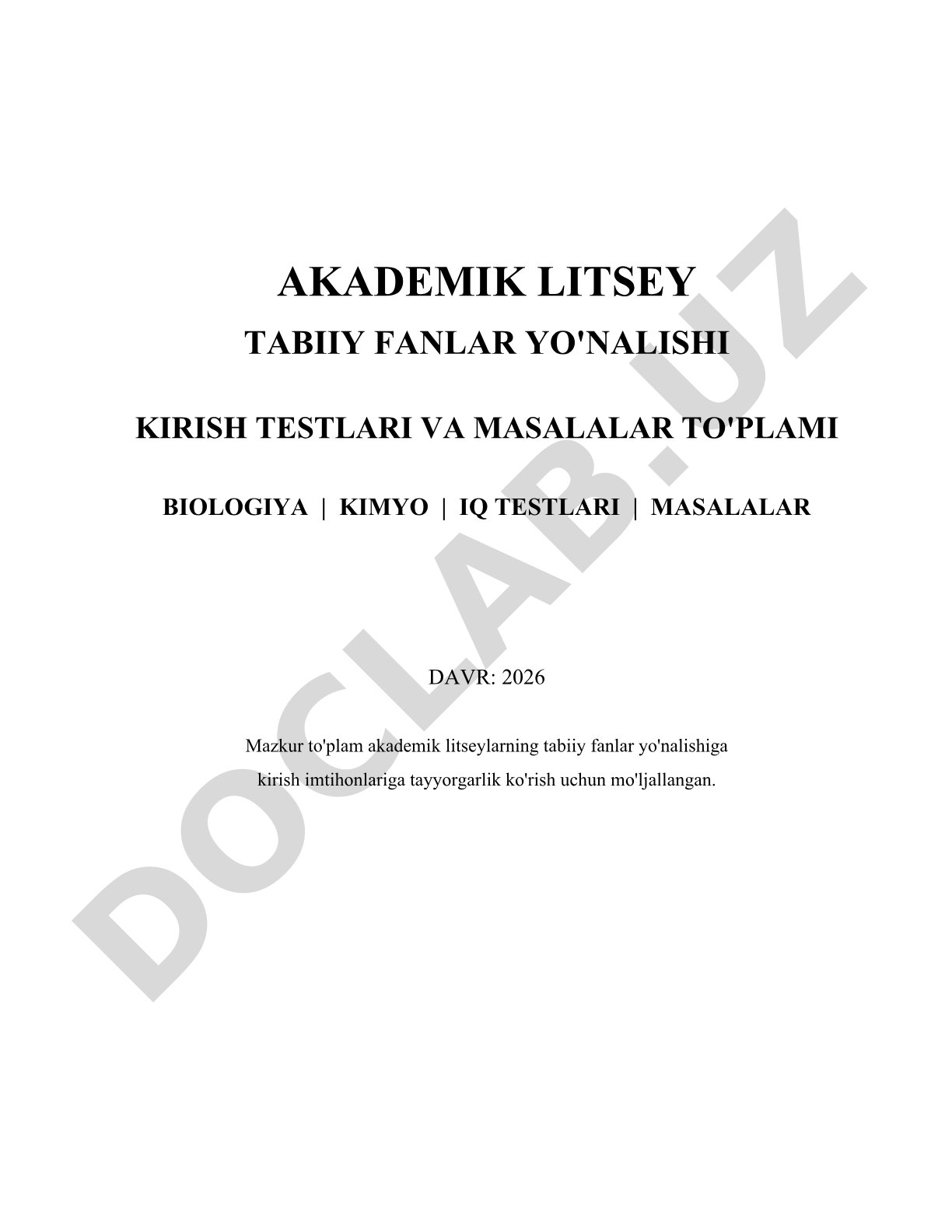 Akademik litsey tabiiy fanlar yo'nalishi kirish testlari va masalalar to'plami