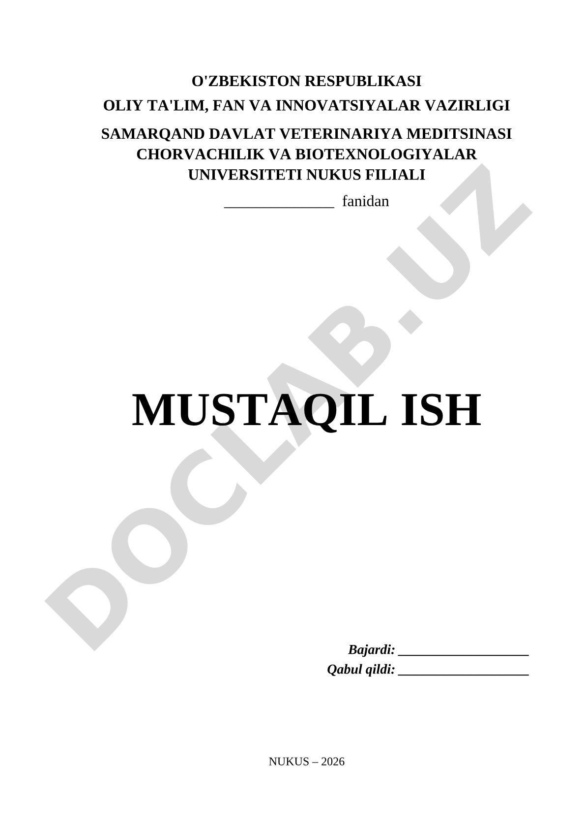 Samarqand veterinariya universiteti Nukus filiali mustaqil ishi