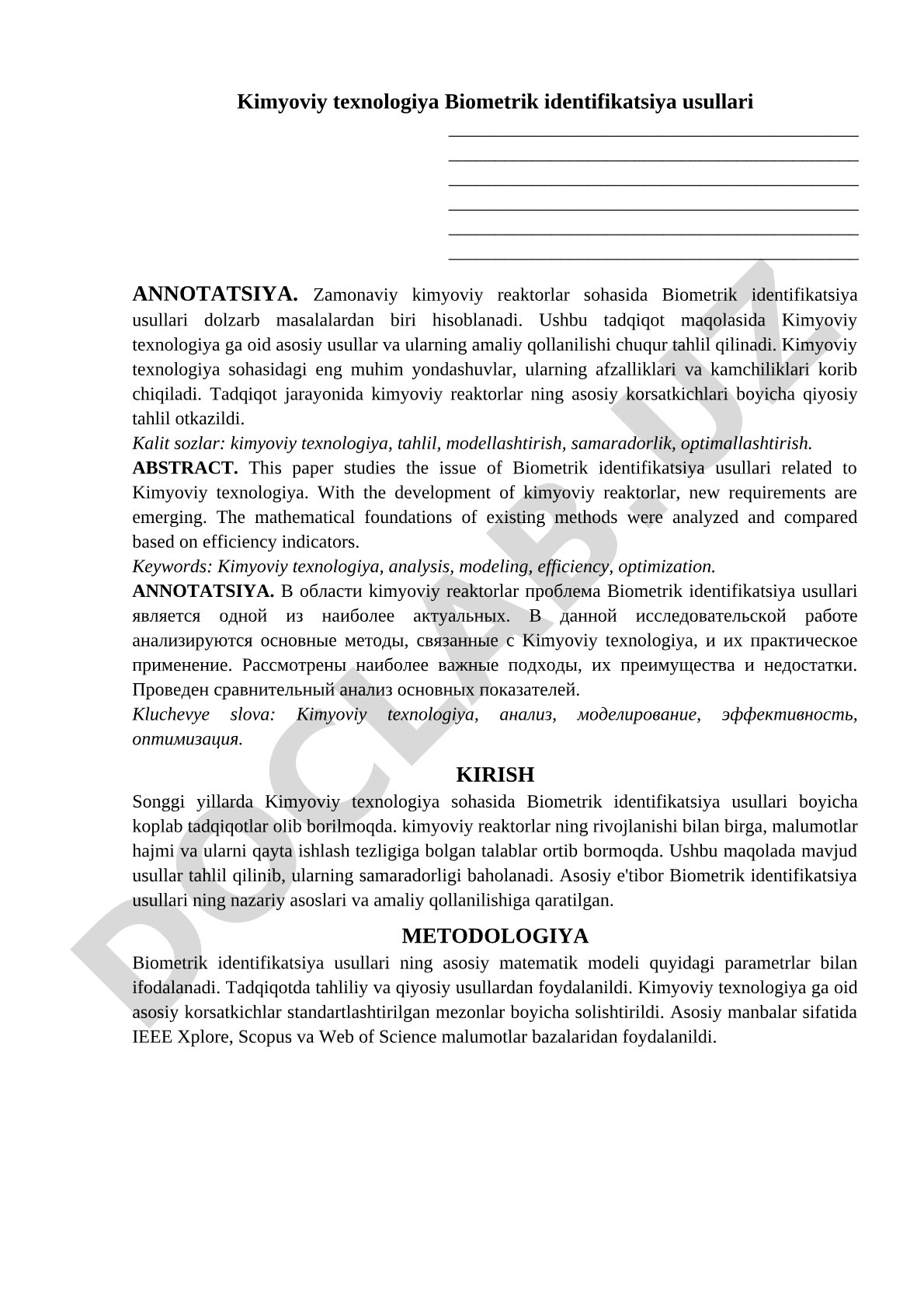 Kimyoviy texnologiya Biometrik identifikatsiya usullari