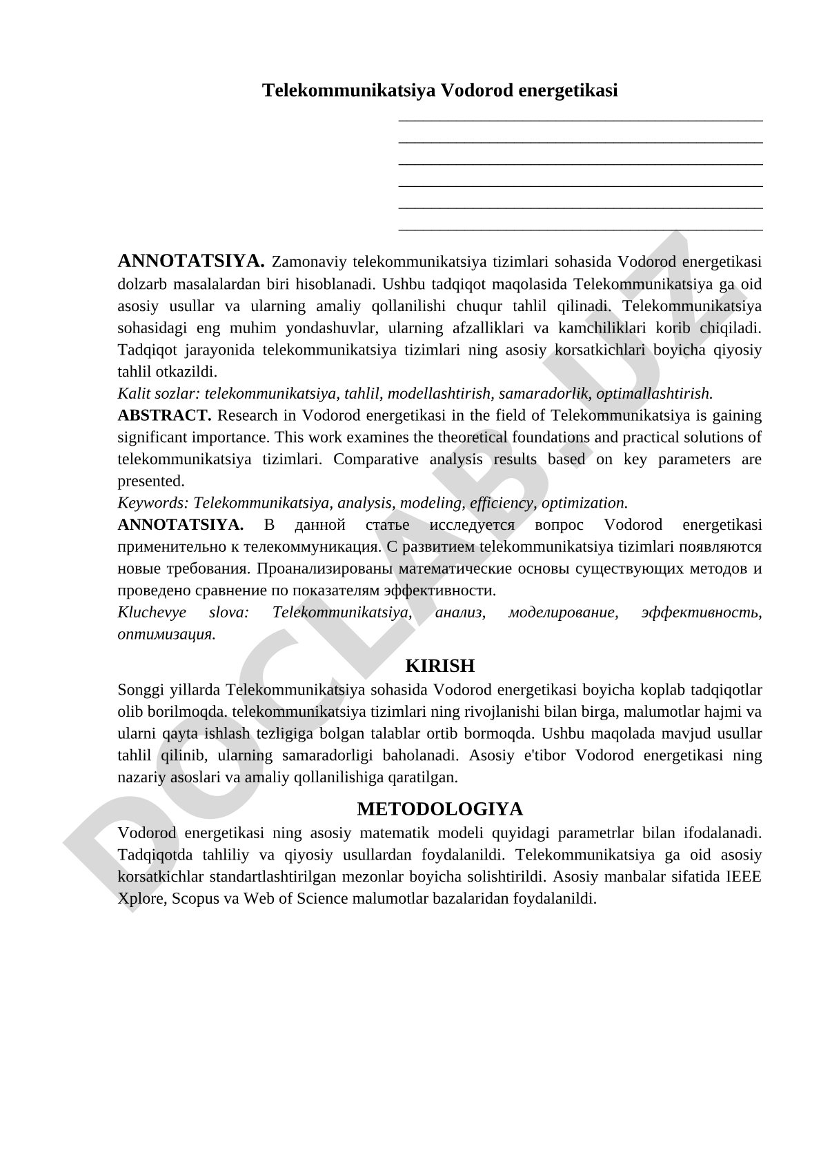 Telekommunikatsiya tizimlarida vodorod energetikasi