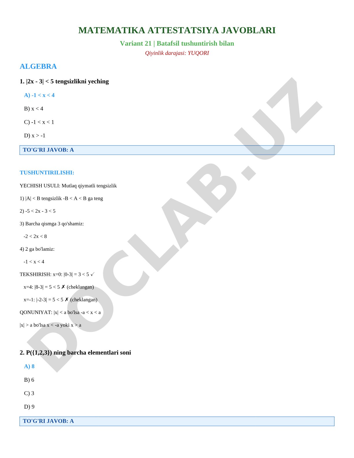 Matematika attestatsiya javoblari (Variant 21)