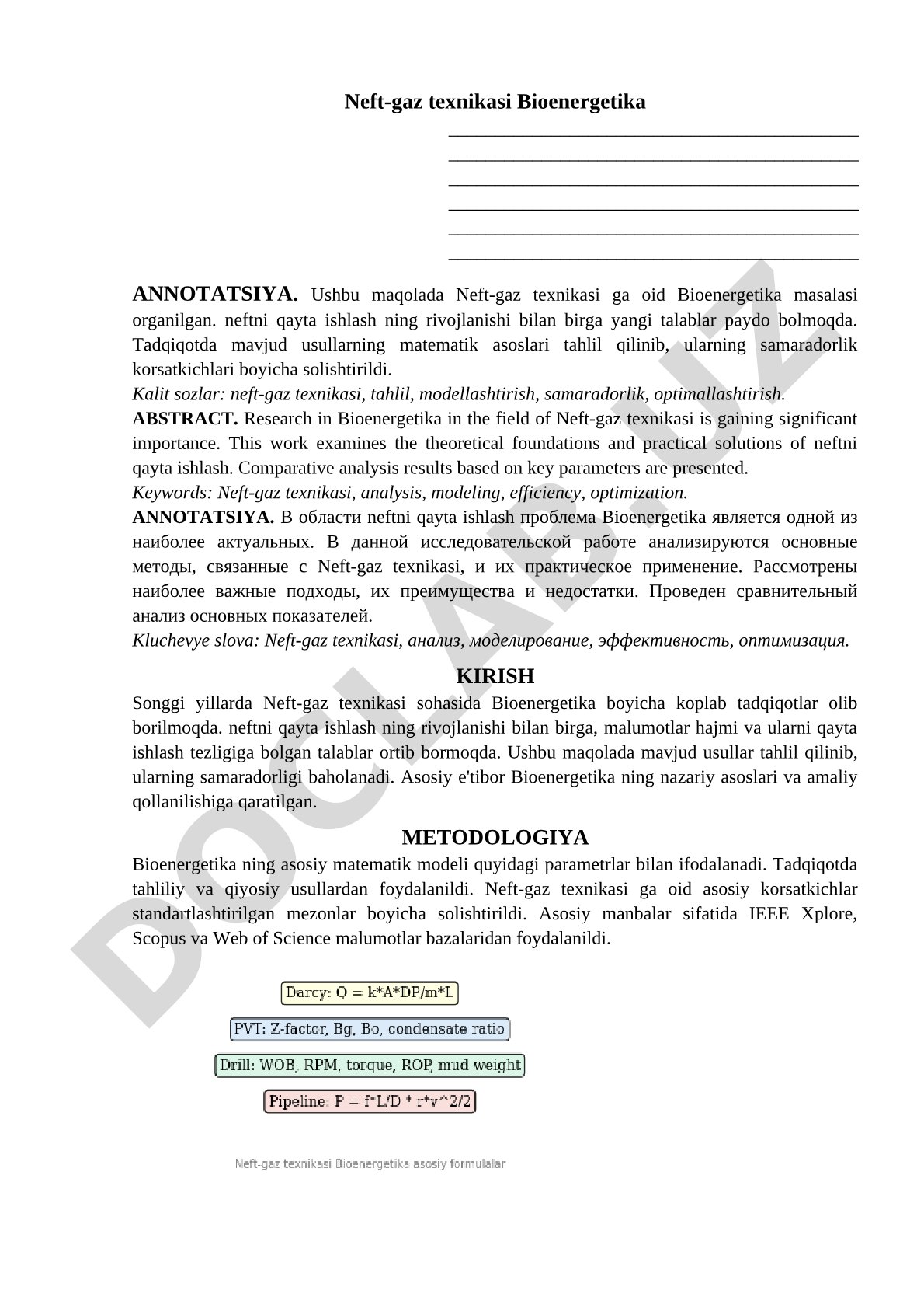 Neft-gaz texnikasida Bioenergetika masalasi