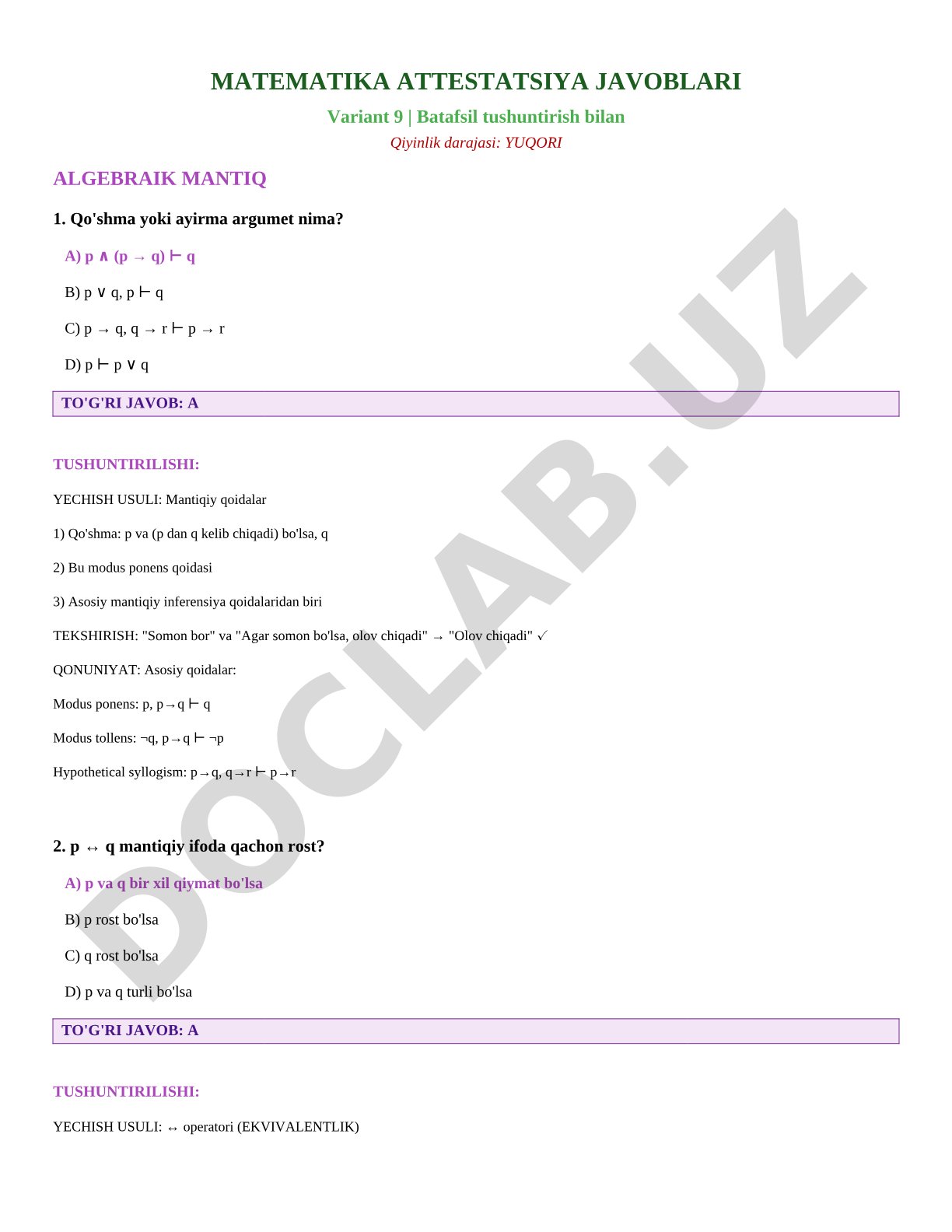 Matematika attestatsiya javoblari Variant 9