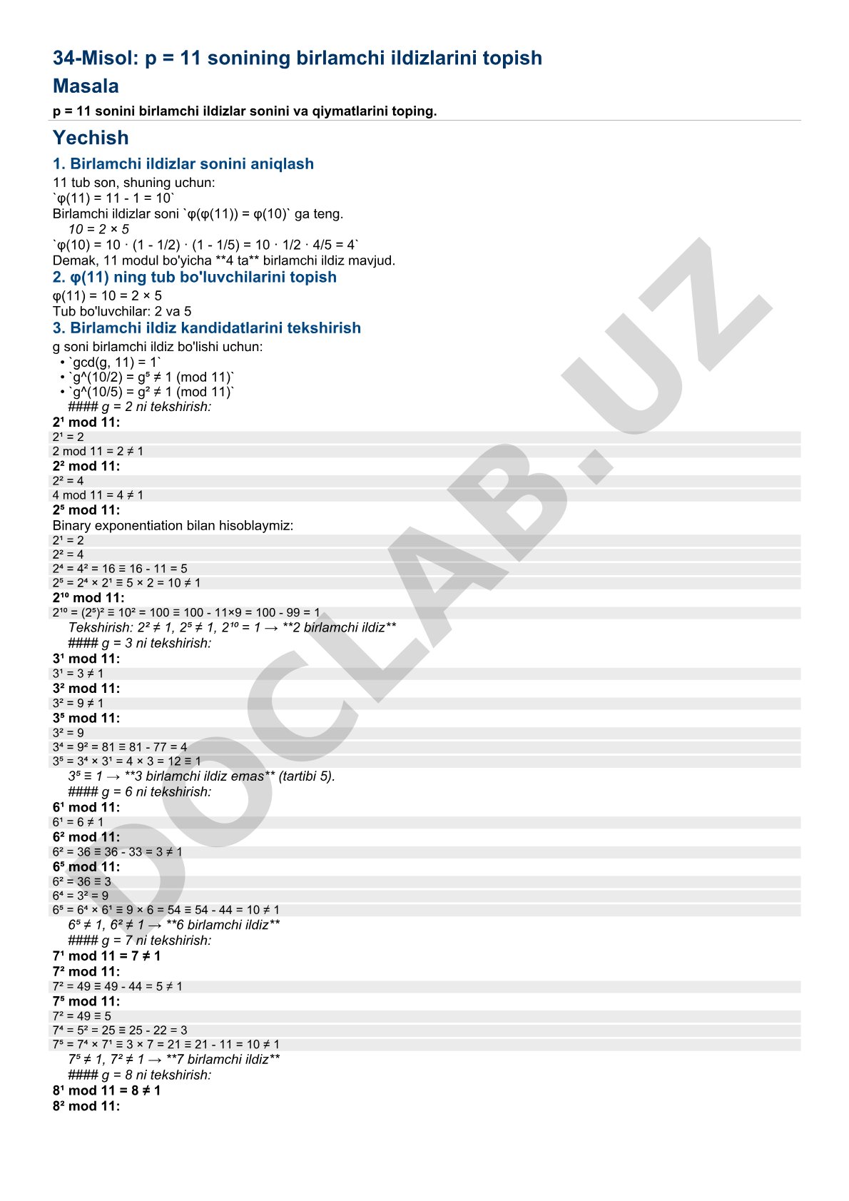 11 modul bo'yicha birlamchi ildizlarni topish