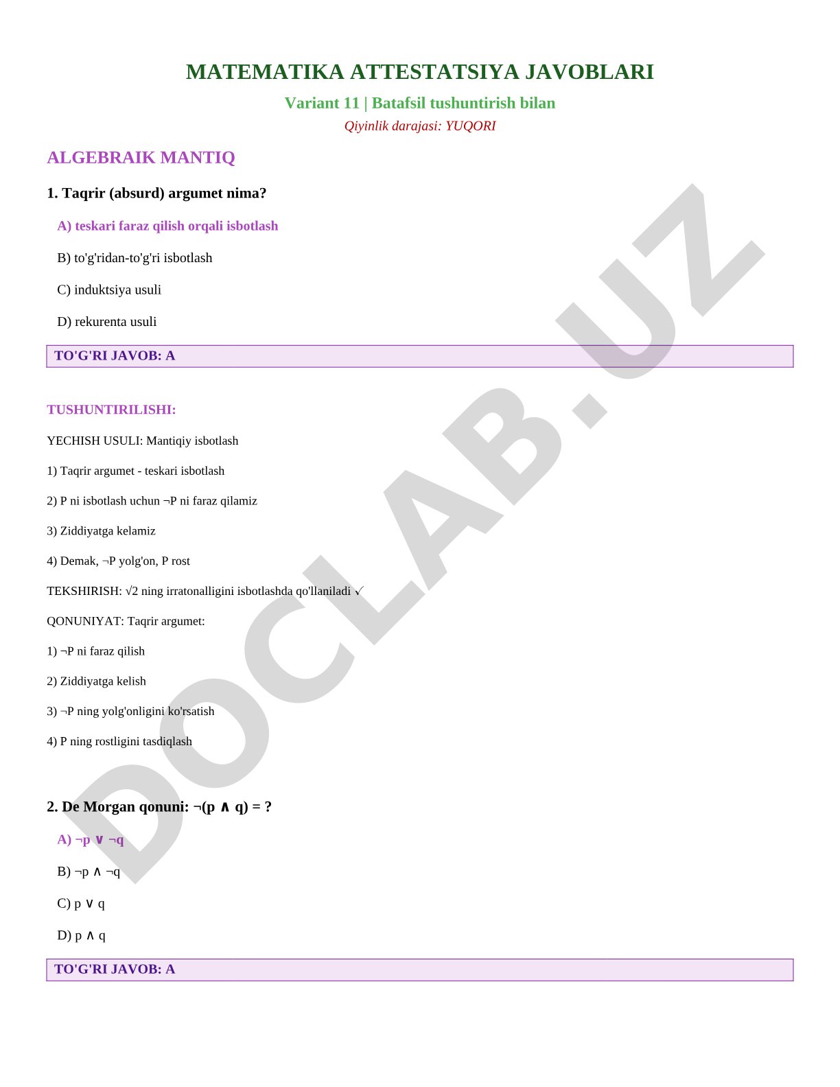 Matematika attestatsiya javoblari Variant 11 (Algebraik mantiq)