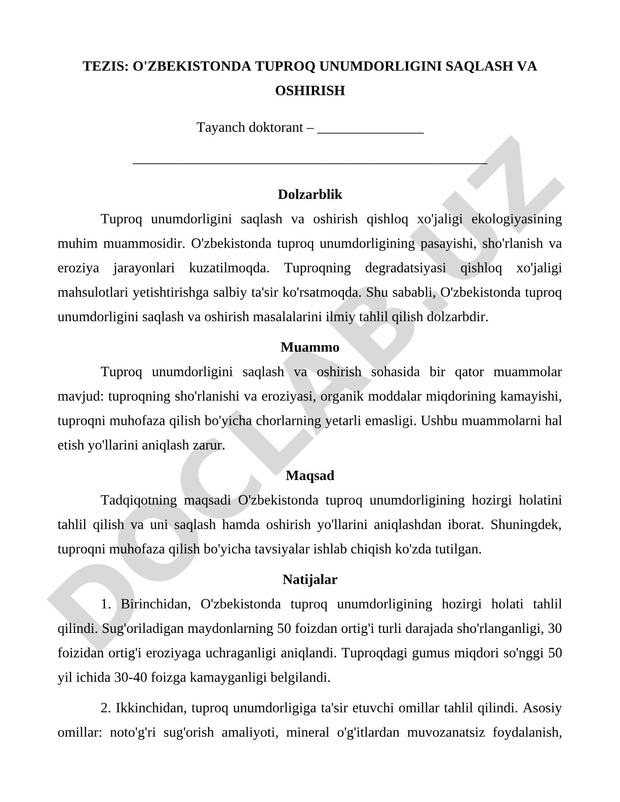 O'zbekistonda tuproq unumdorligini saqlash va oshirish