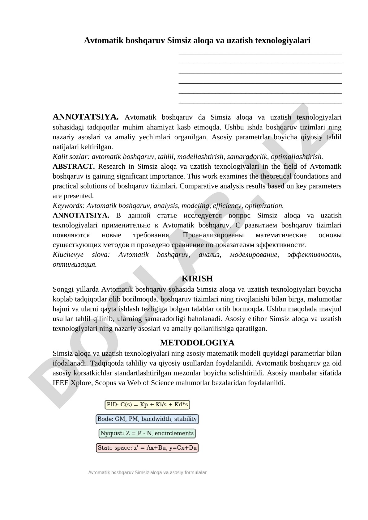 Avtomatik boshqaruv Simsiz aloqa va uzatish texnologiyalari