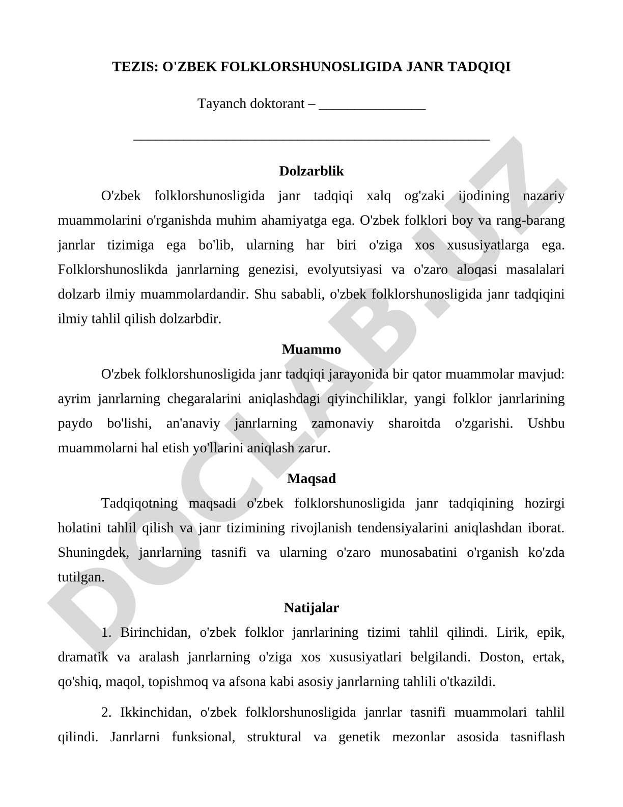 O'ZBEK FOLKLORSHUNOSLIGIDA JANR TADQIQI