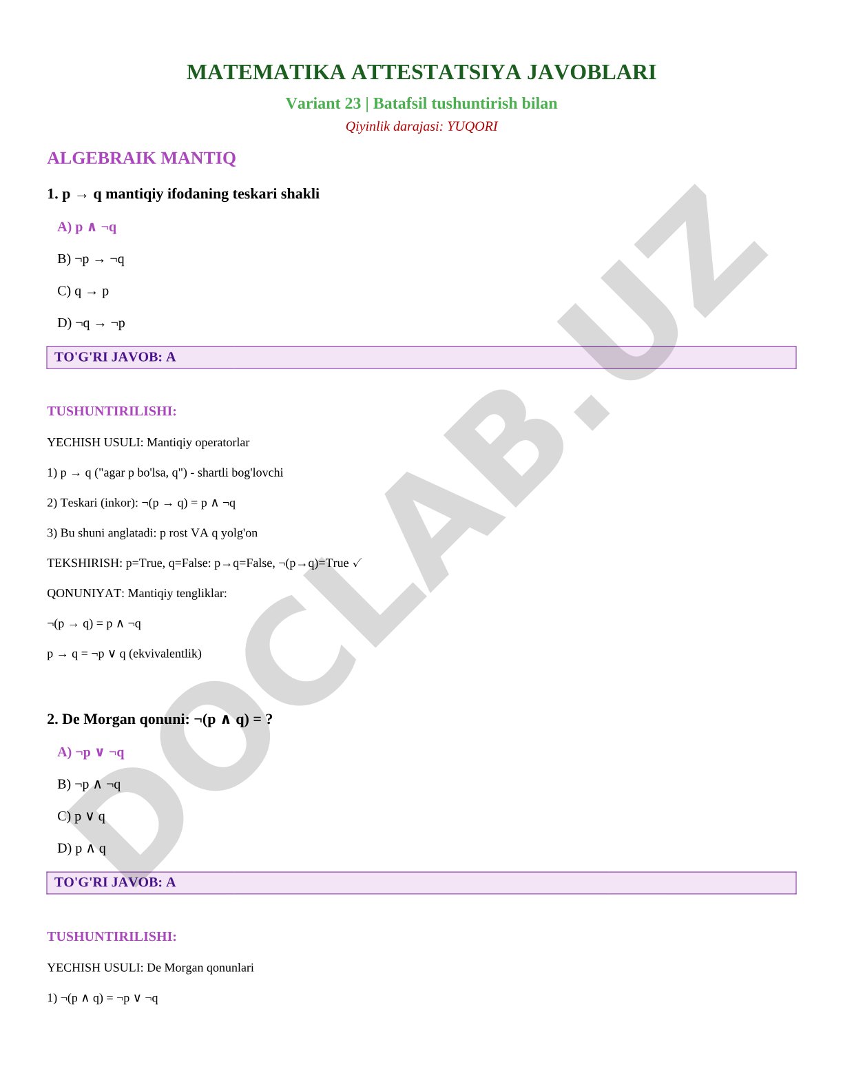 Matematika attestatsiya variant 23 algebraik mantiq