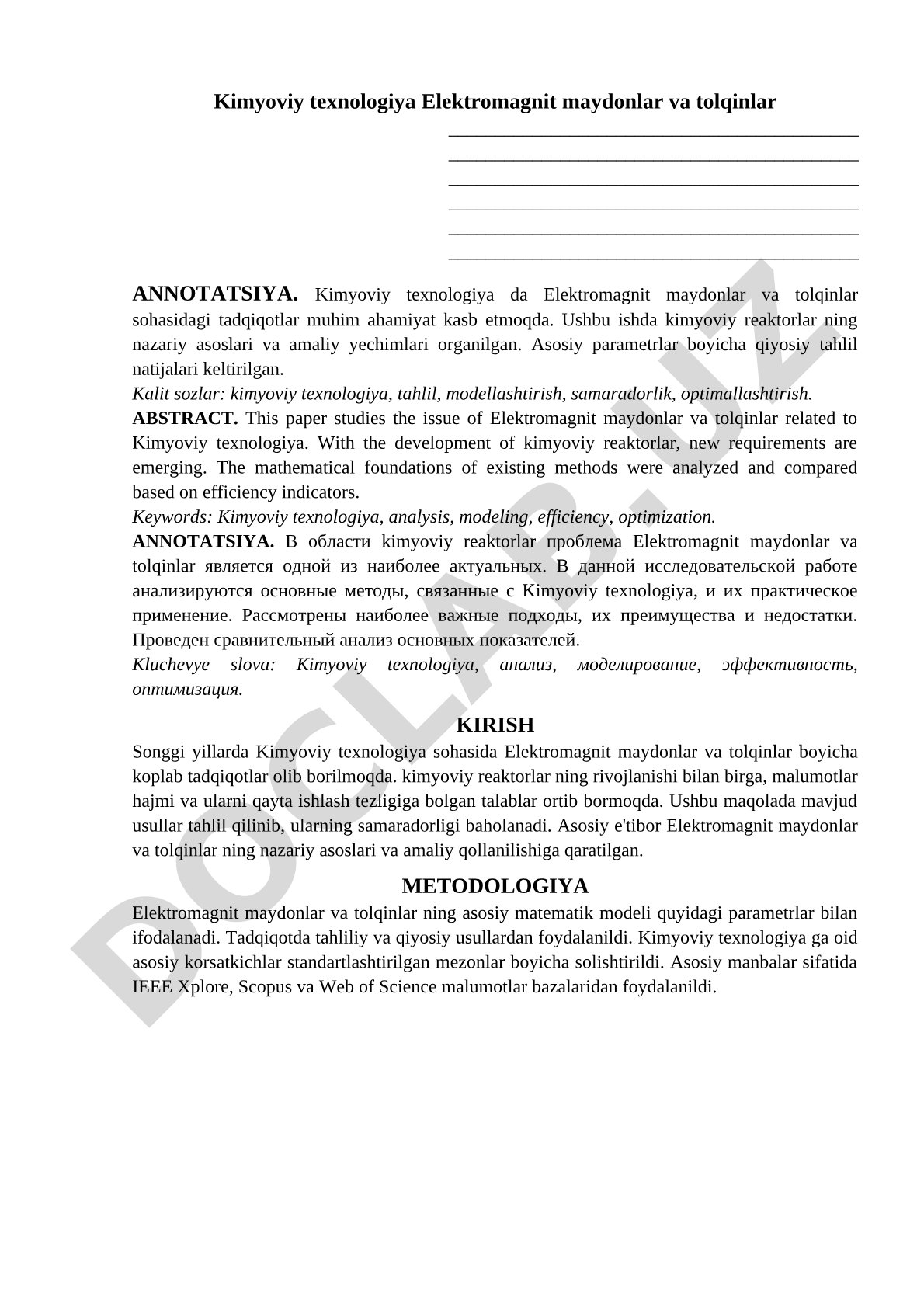 Kimyoviy texnologiya Elektromagnit maydonlar va tolqinlar