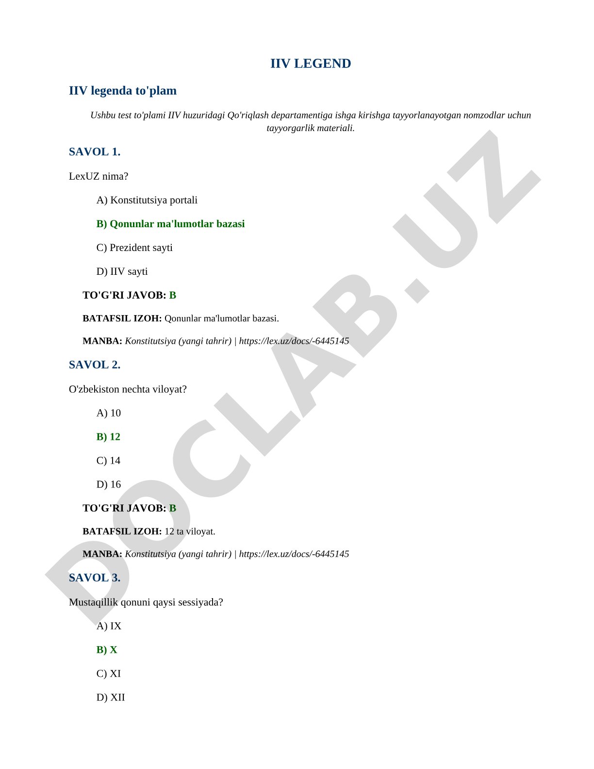 IIV Qo'riqlash departamenti nomzodlari uchun test to'plami