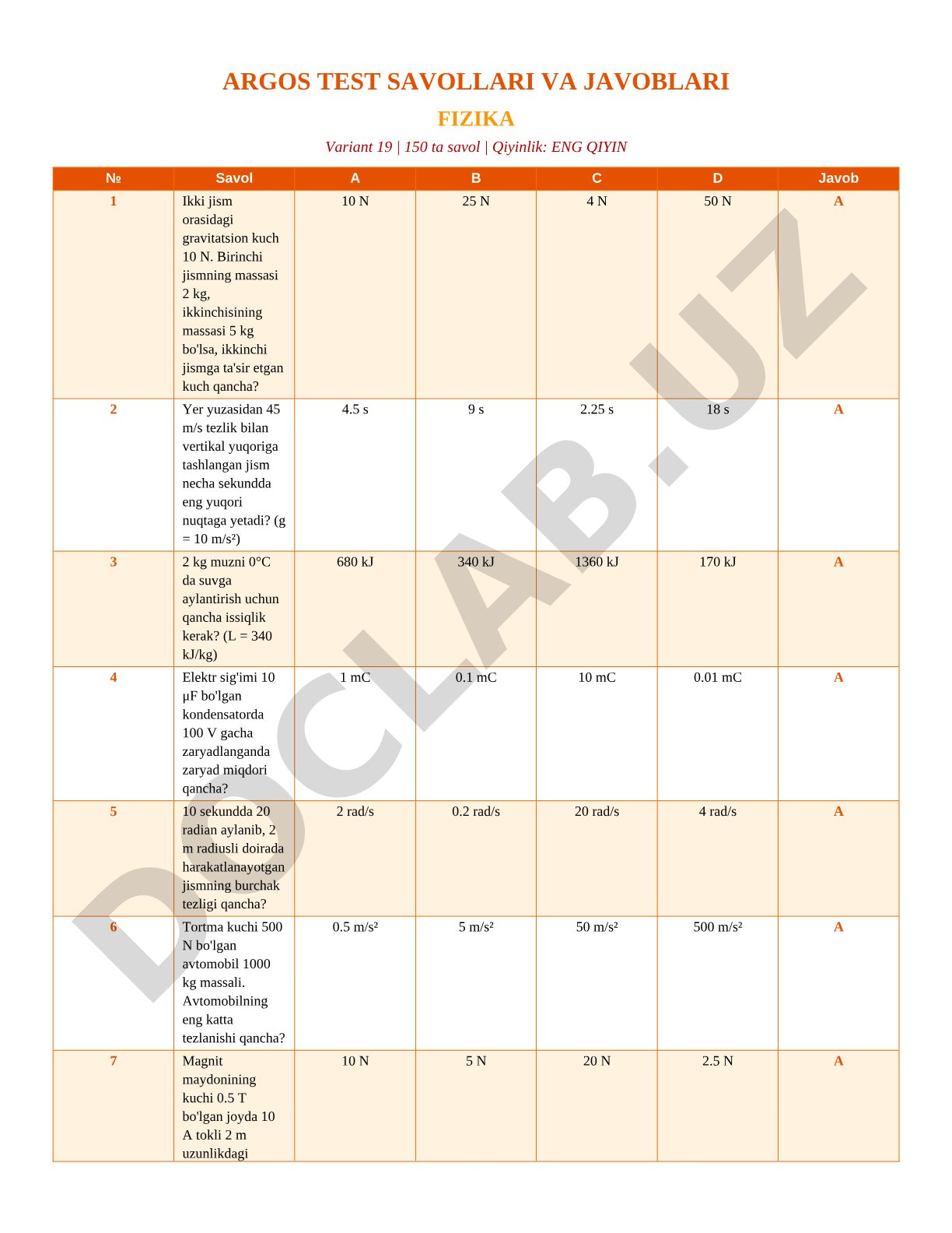 ARGOS TEST SAVOLLARI VA JAVOBLARI FIZIKA Variant 19