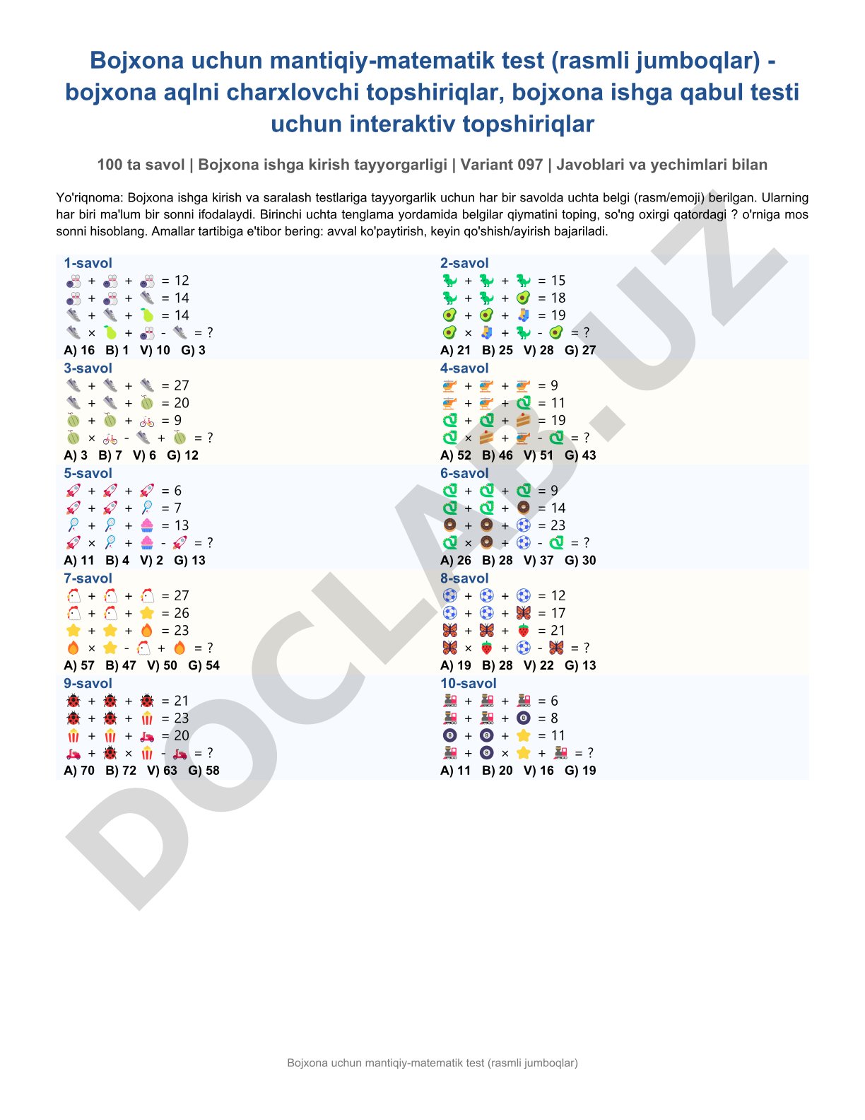 Bojxona uchun mantiqiy-matematik test (rasmli jumboqlar)