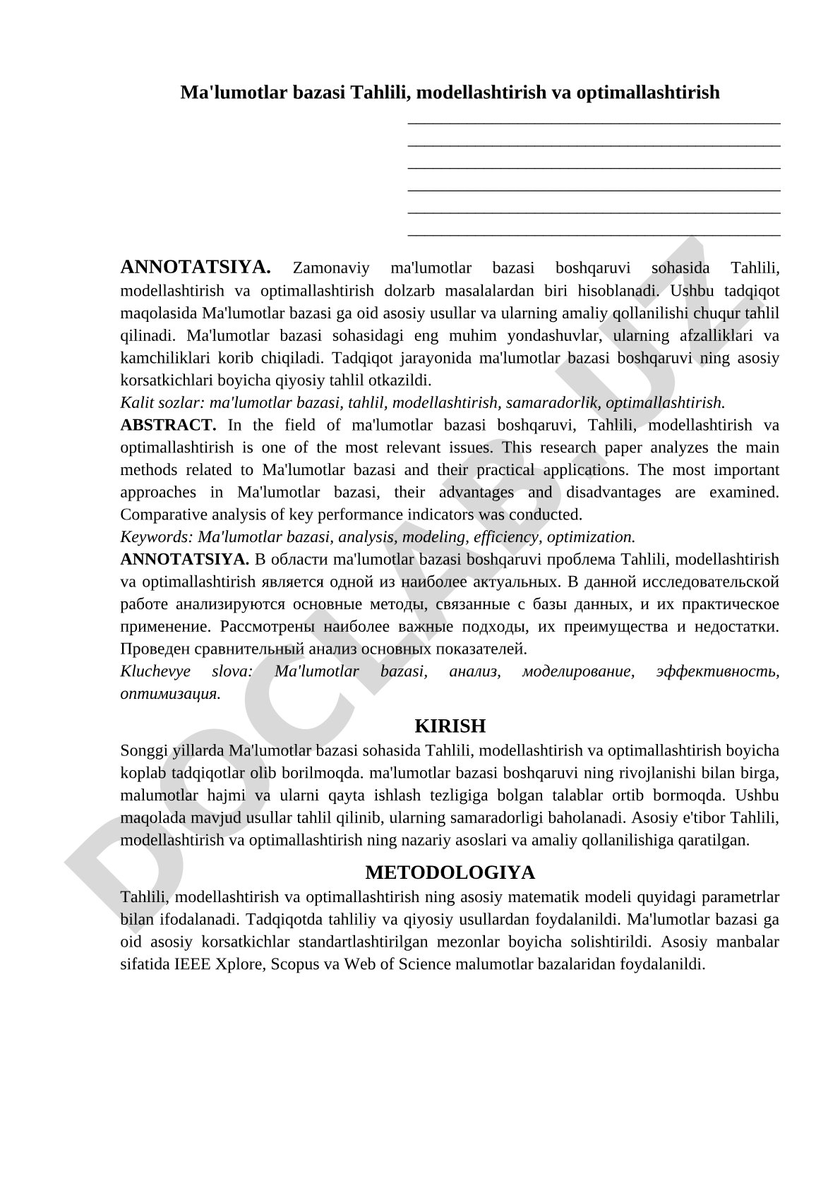 Ma'lumotlar bazasini tahlil qilish, modellashtirish va optimallashtirish