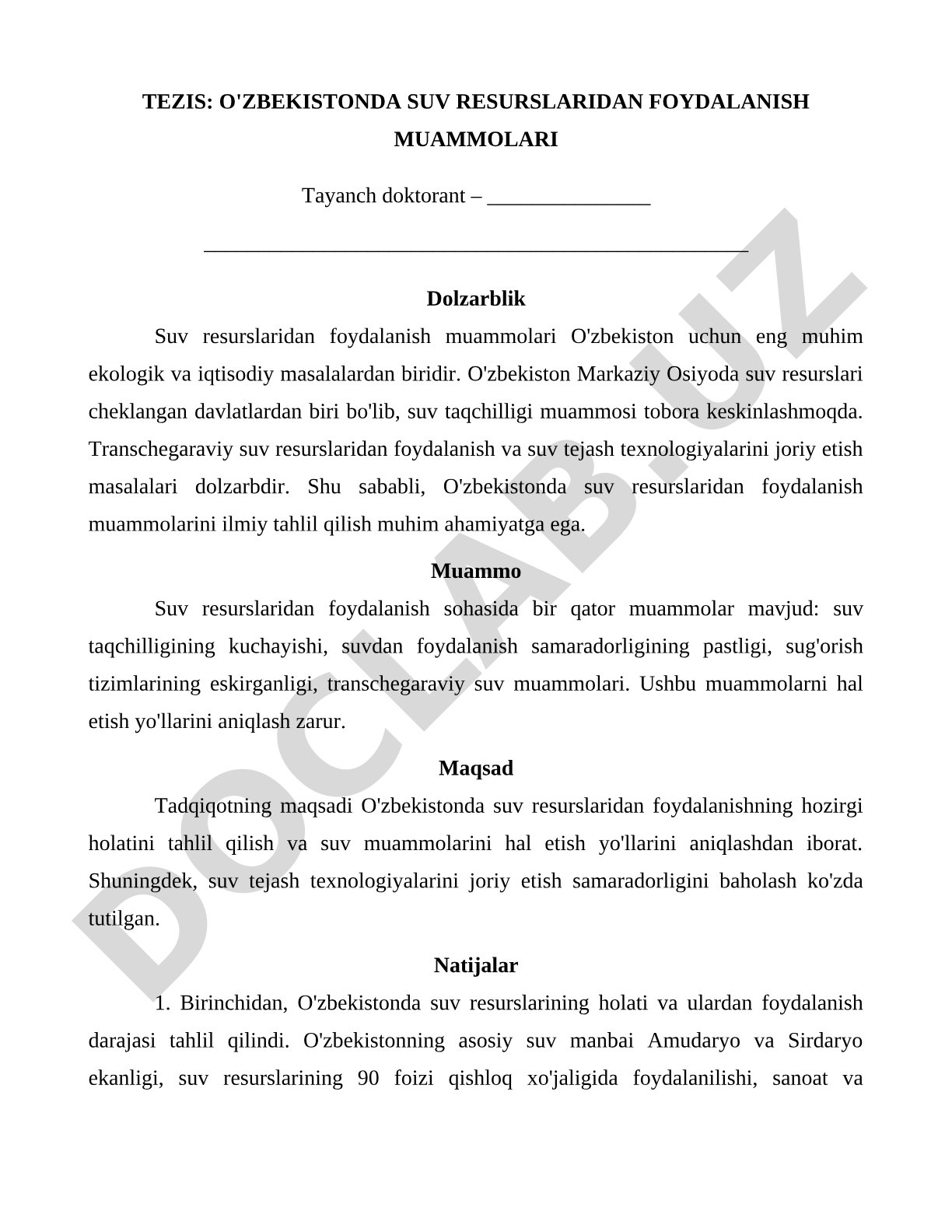 O'ZBEKISTONDA SUV RESURSLARIDAN FOYDALANISH MUAMMOLARI