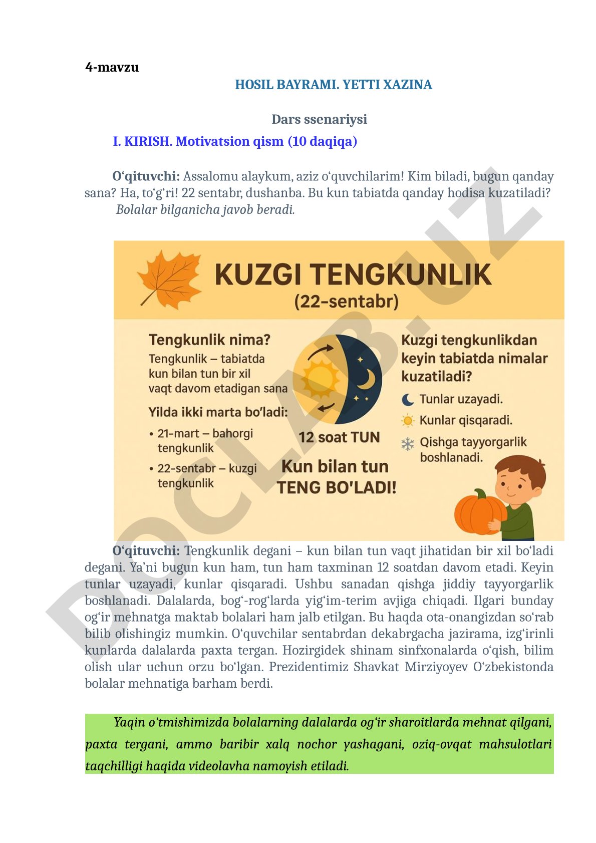 Hosil bayrami. Yetti xazina dars ssenariysi