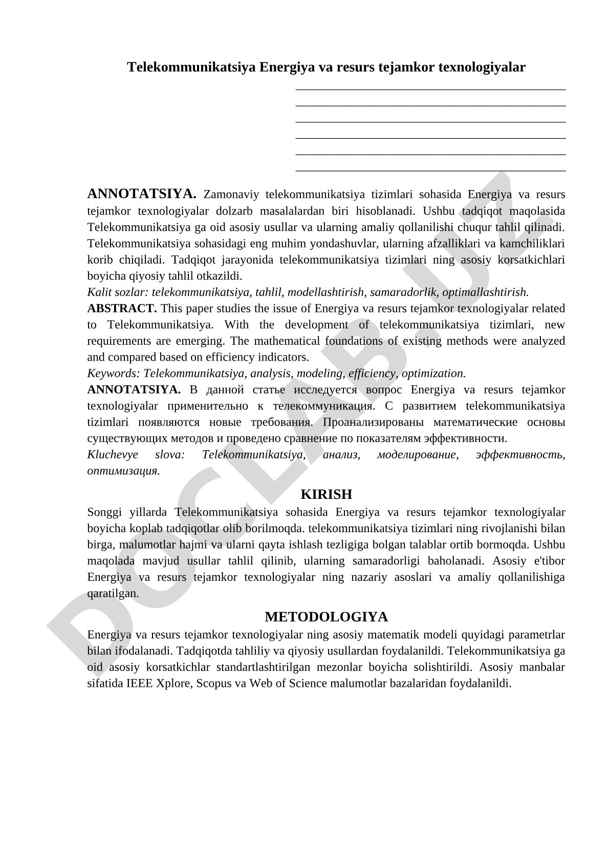 Telekommunikatsiya Energiya va resurs tejamkor texnologiyalar