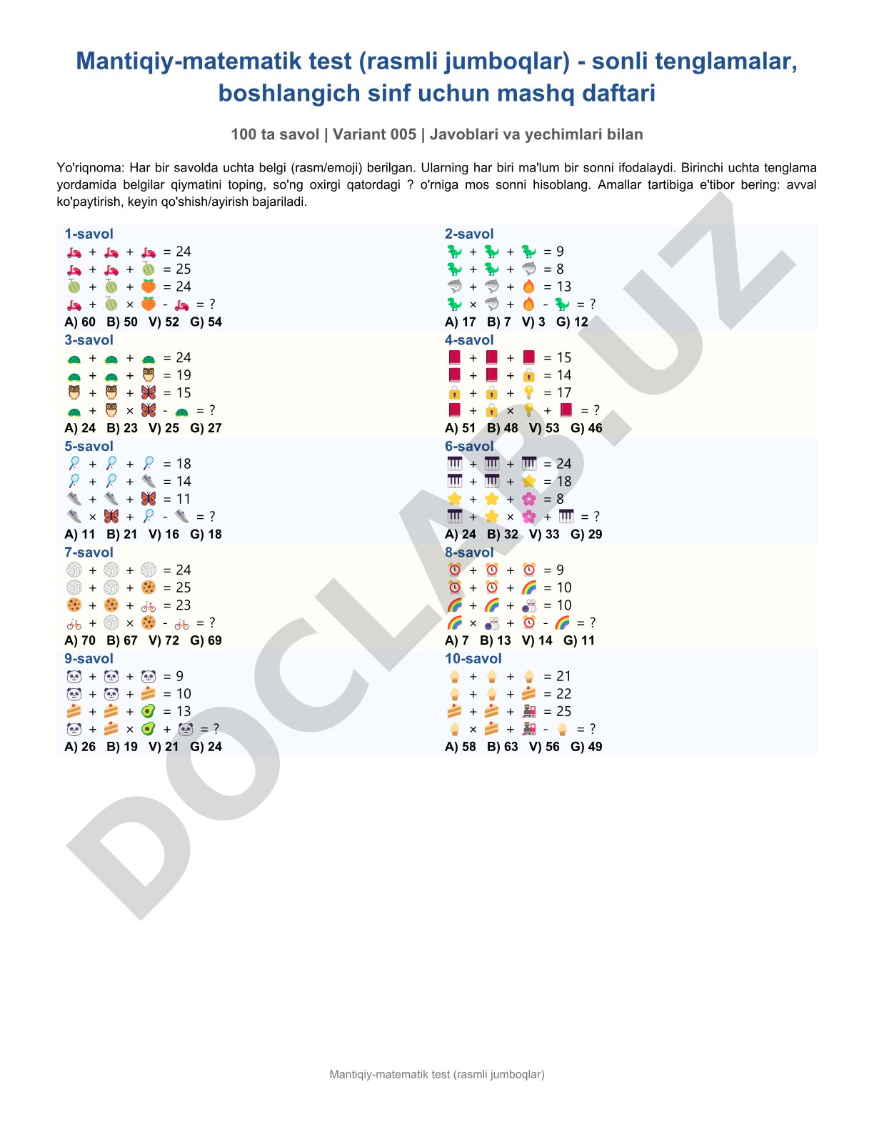 Mantiqiy-matematik test (rasmli jumboqlar)