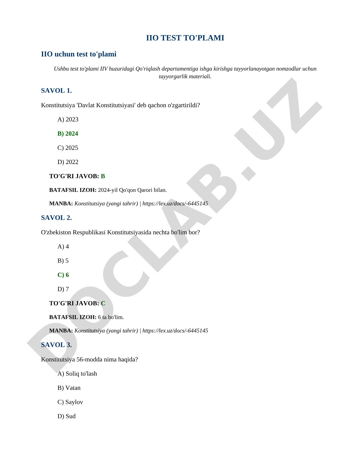 Konstitutsiya bo'yicha test savollari