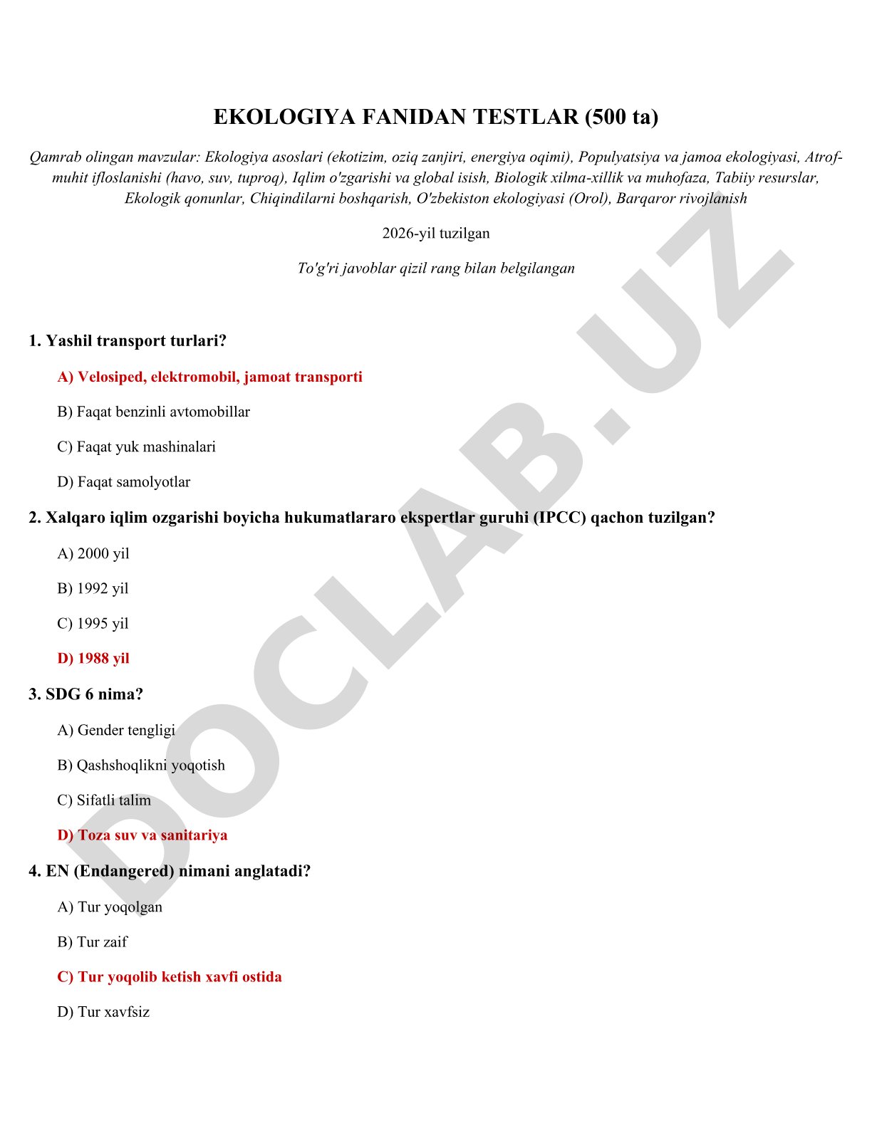 Ekologiya fanidan testlar (500 ta)
