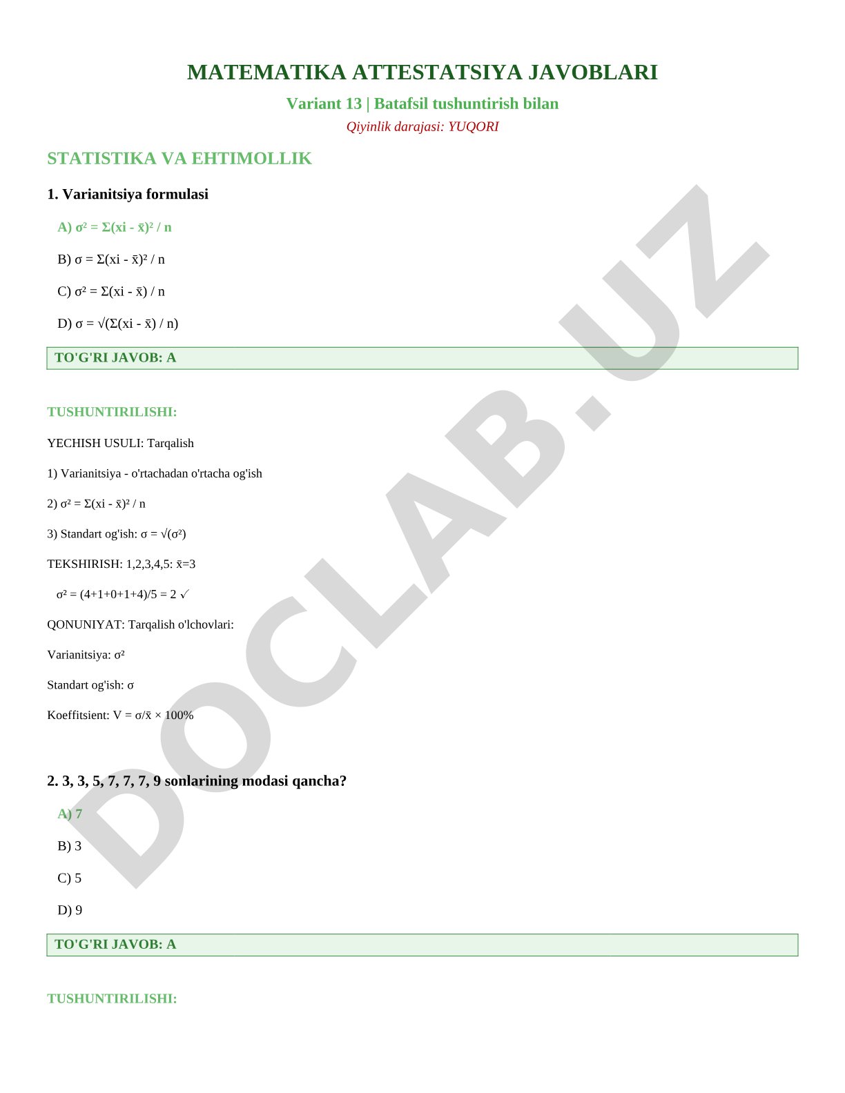 Matematika attestatsiya varianti 13: Statistika va ehtimollik