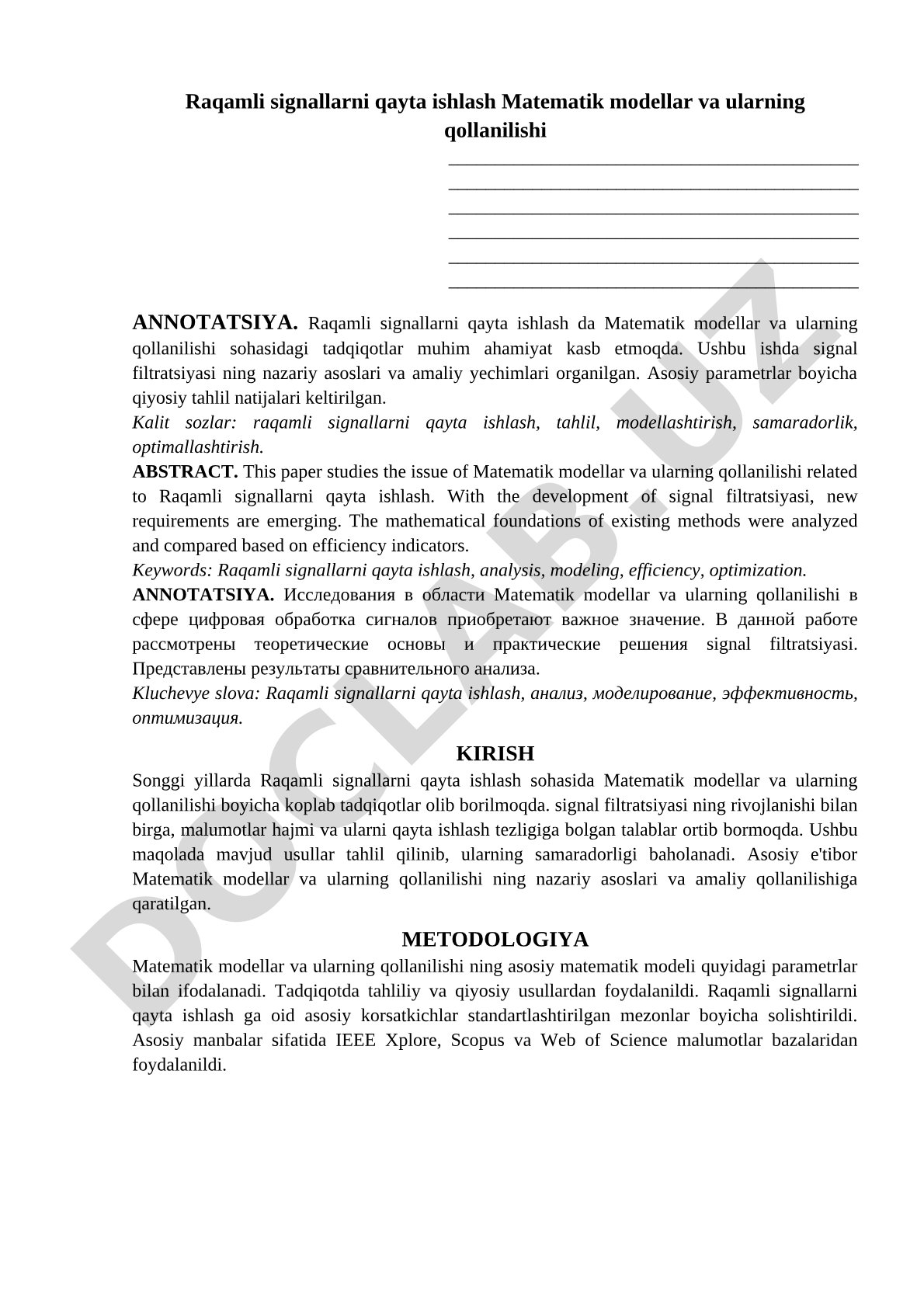 Raqamli signallarni qayta ishlashda matematik modellar va ularning qo'llanilishi