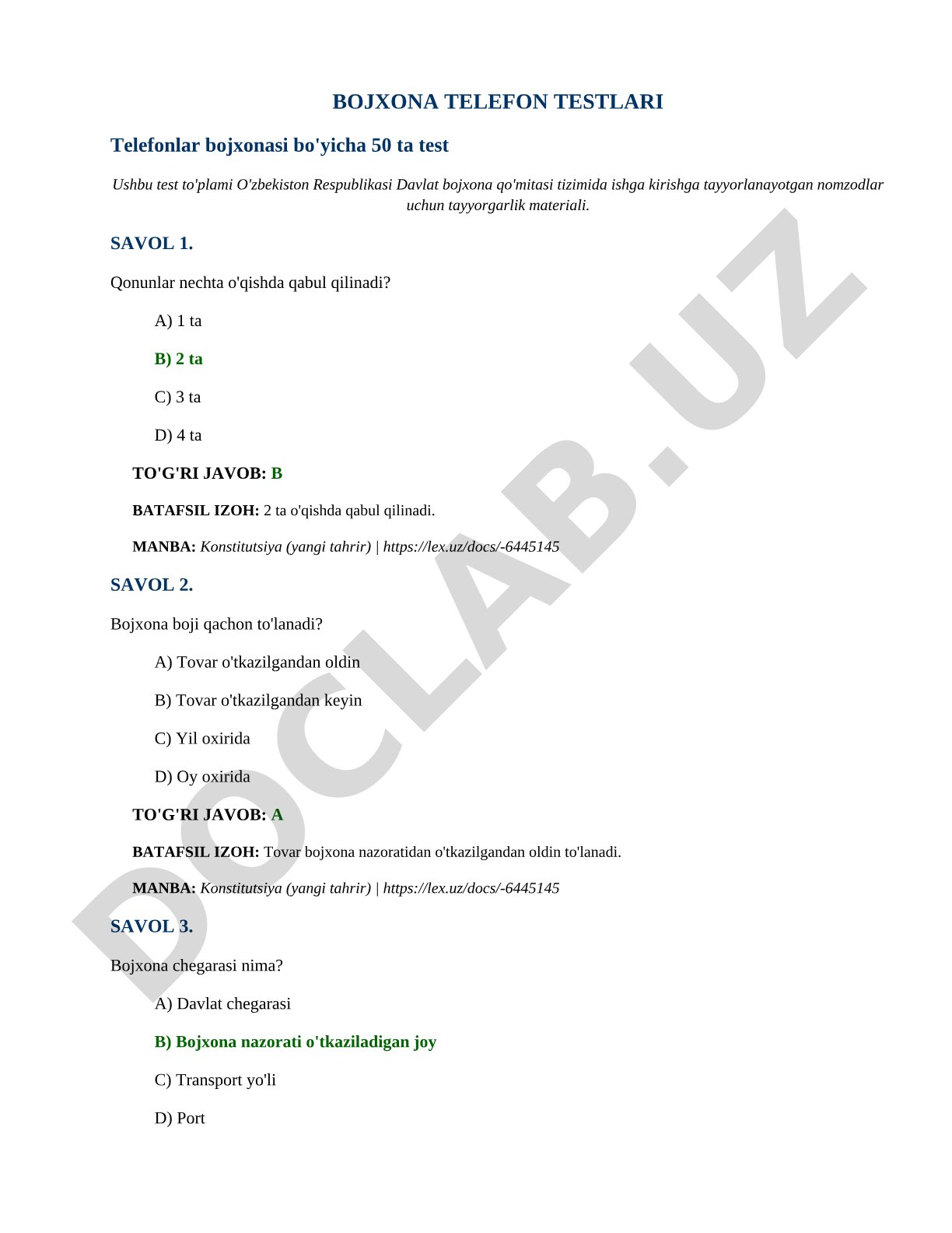 Bojxona telefon testlari
