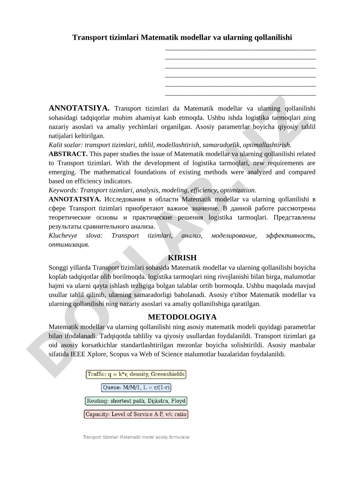 Transport tizimlari Matematik modellar va ularning qollanilishi
