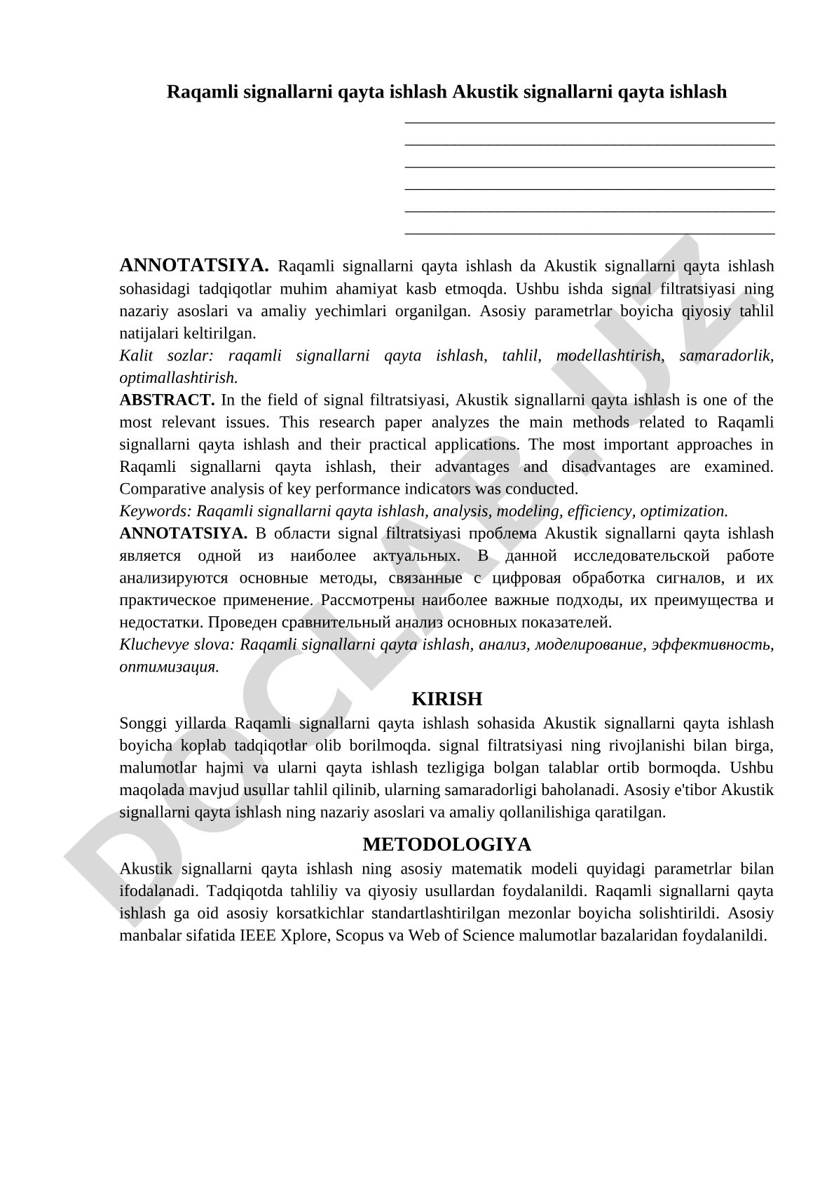 Raqamli signallarni qayta ishlashda akustik signallarni qayta ishlash
