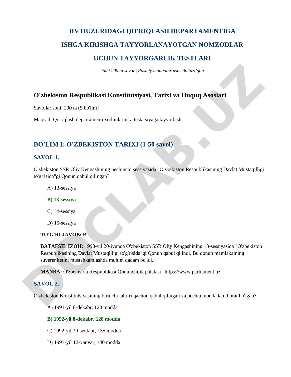 IIV huzuridagi Qo'riqlash departamentiga ishga kirishga tayyorlanayotgan nomzodlar uchun tayyorgarlik testlari