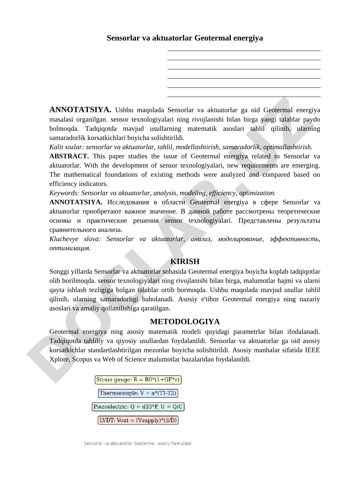 Geotermal energiya uchun sensorlar va aktuatorlar tahlili