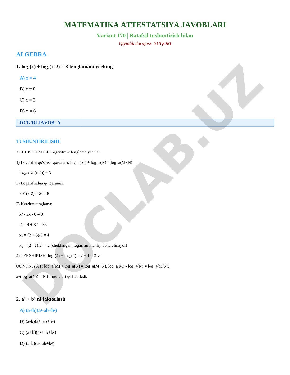 Matematika attestatsiya javoblari (Variant 170)