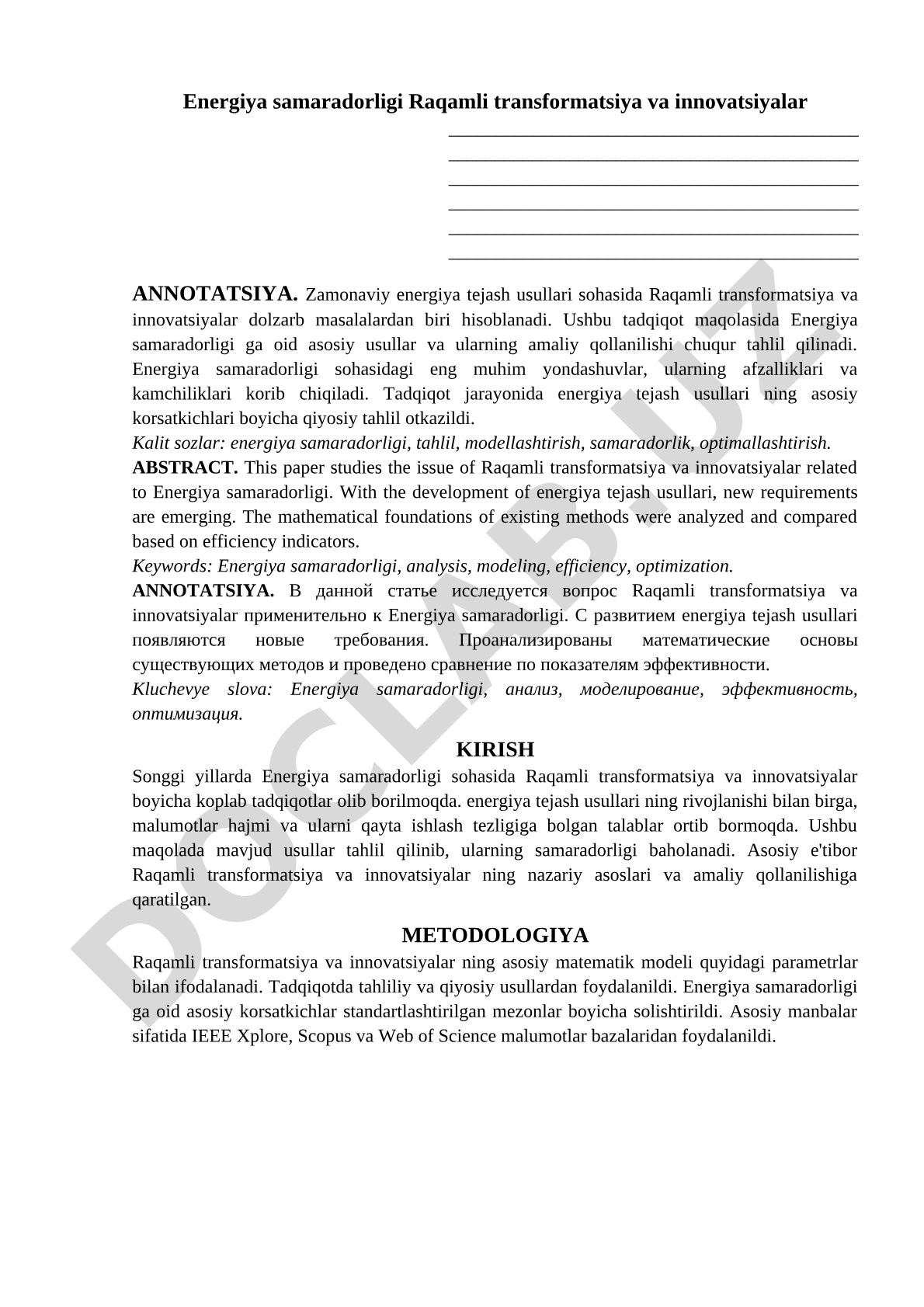 Energiya samaradorligi raqamli transformatsiya va innovatsiyalar